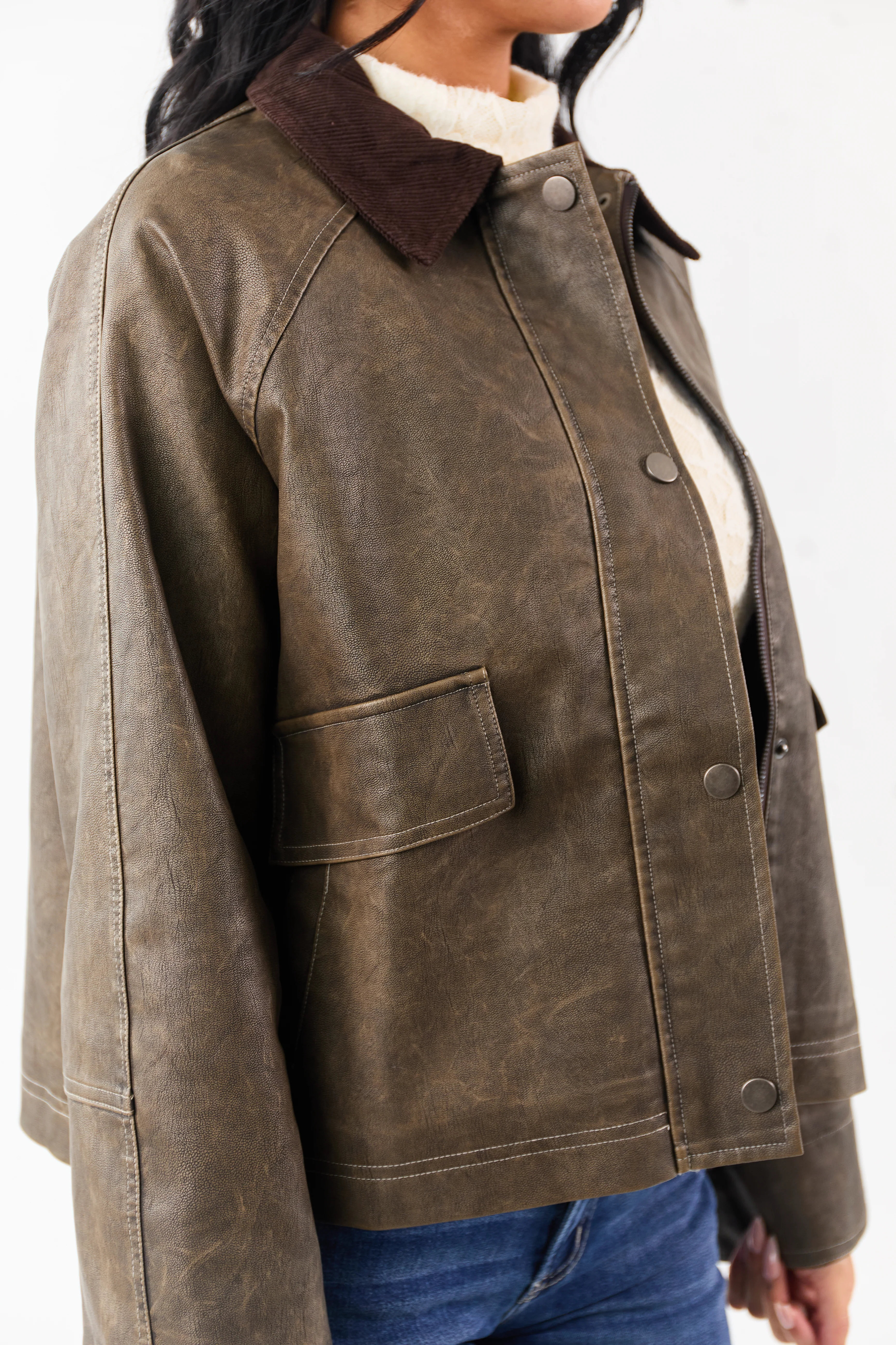 Walnut Faux Leather Corduroy Collar Zip Up Jacket - Image 7