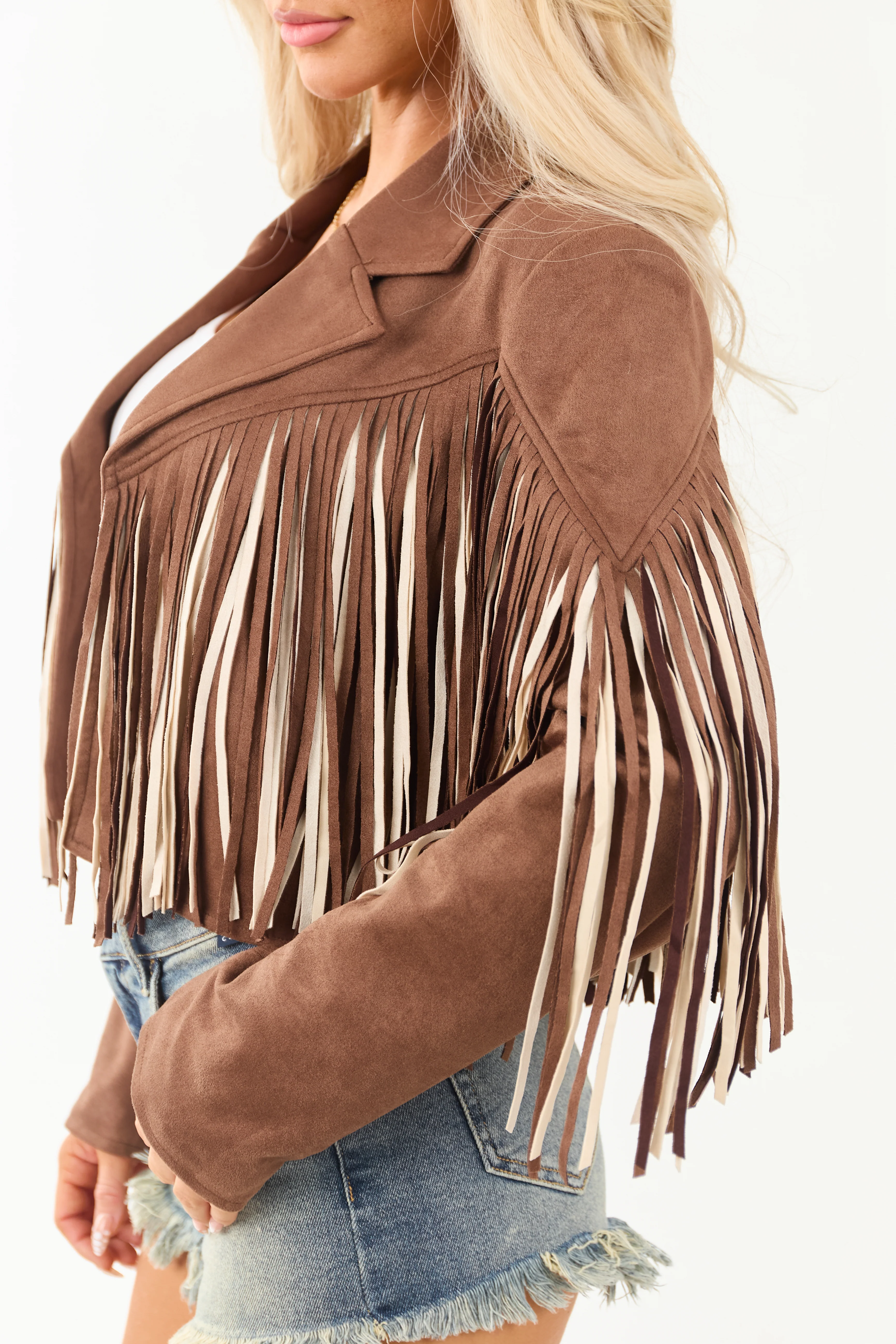 Walnut Fringe Faux Suede Open Front Jacket - Image 9