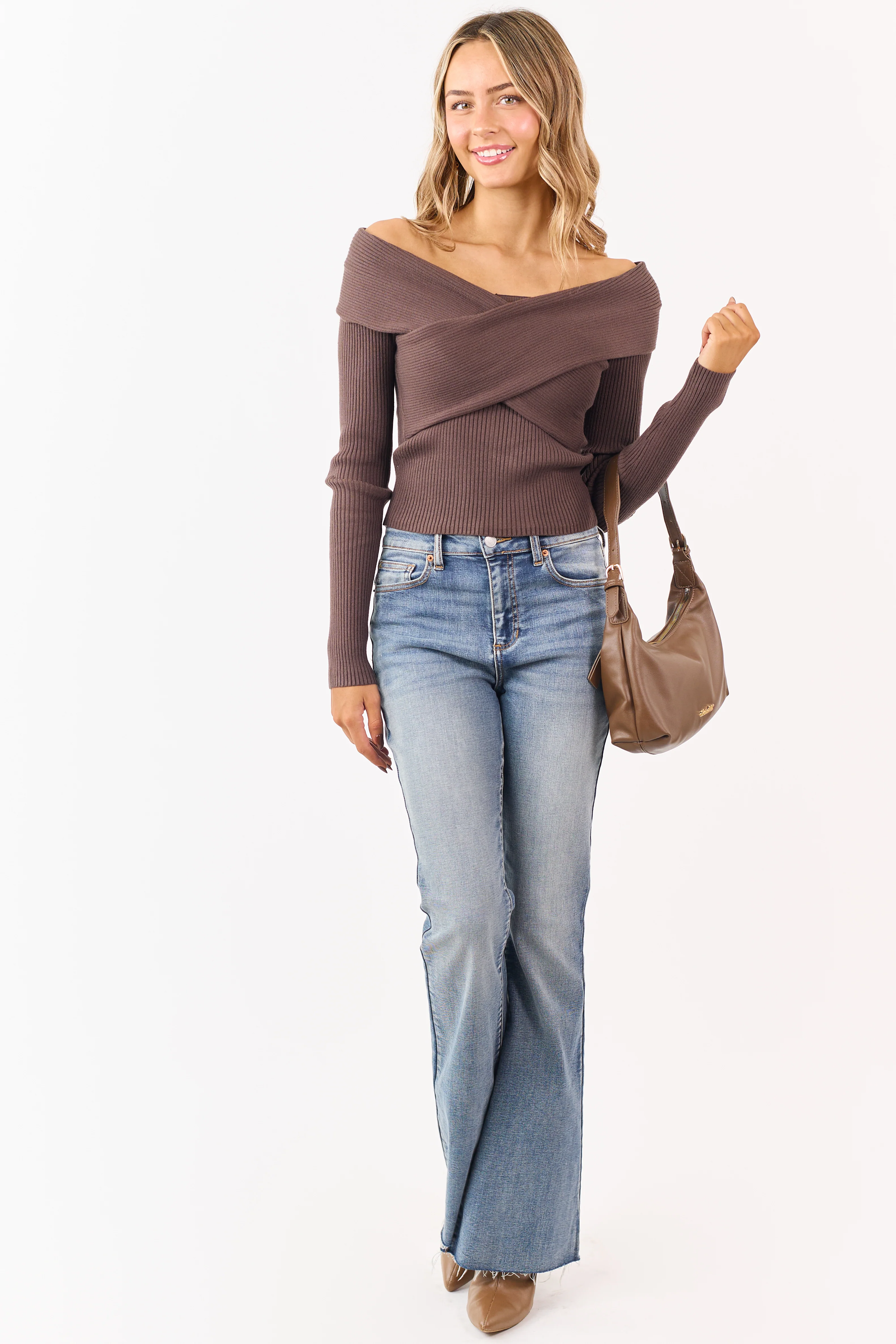 Walnut Off Shoulder Wrap Style Rib Knit Sweater Top - Image 4