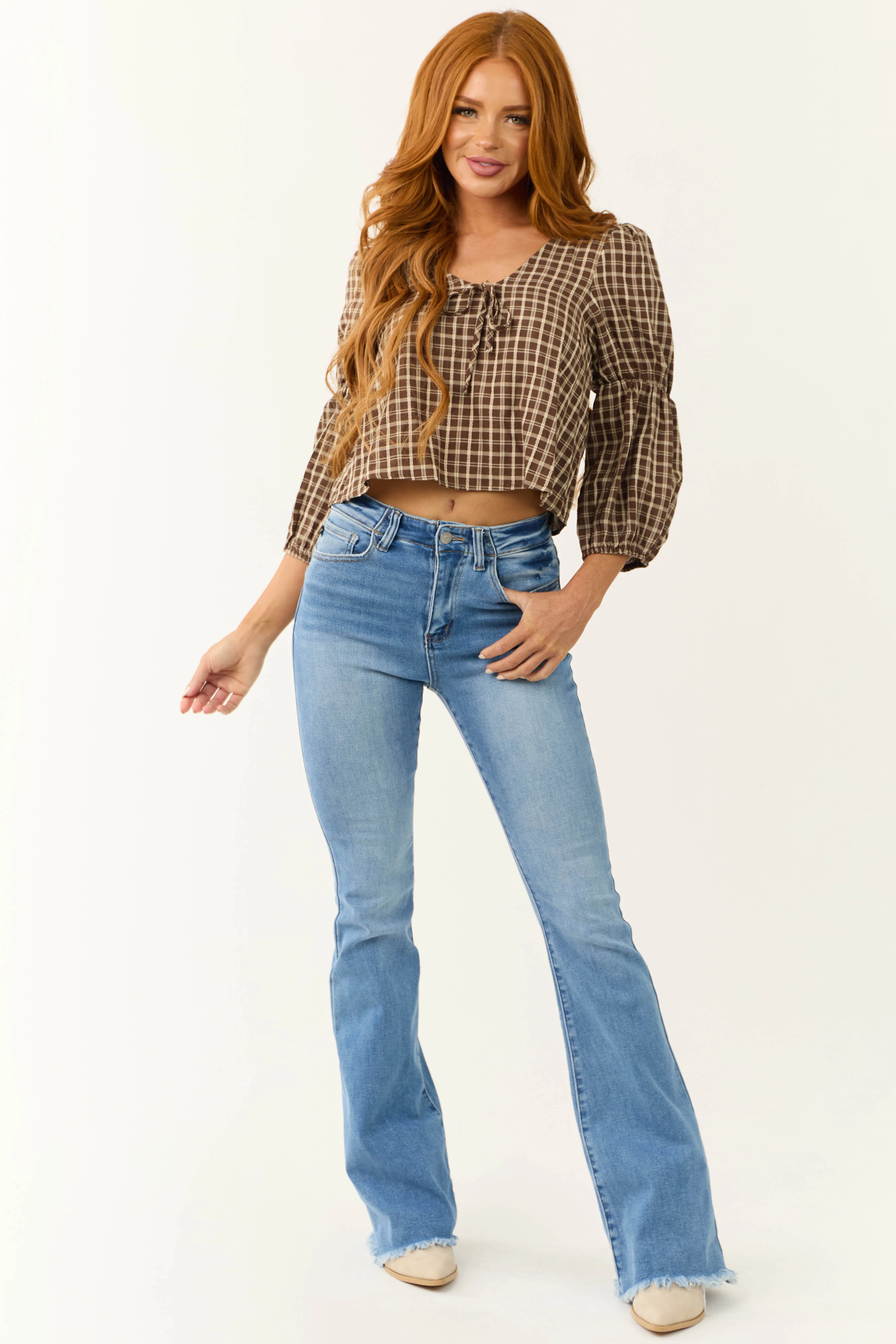 Walnut Plaid 3/4 Cinch Sleeve Top - Image 2