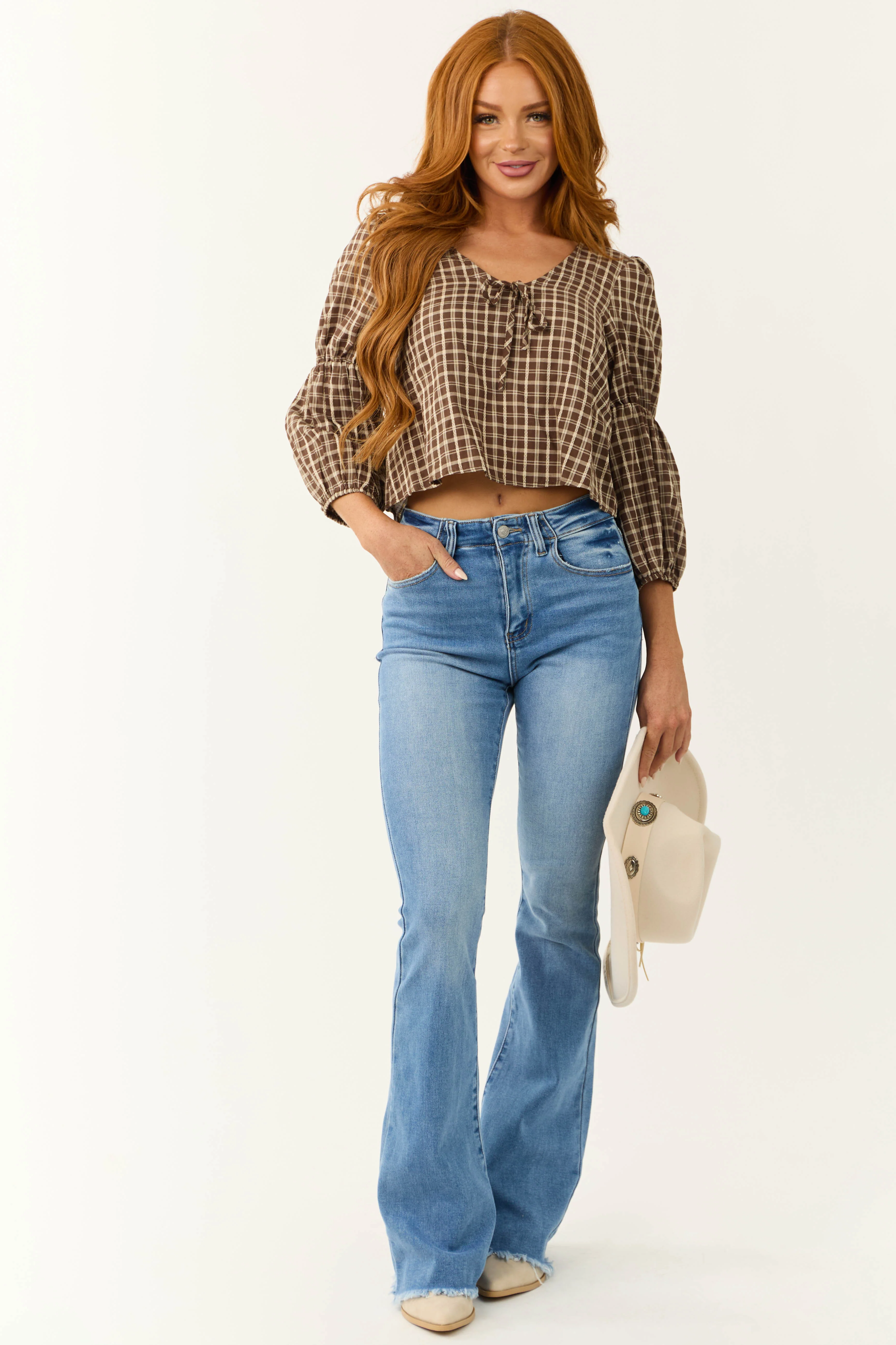 Walnut Plaid 3/4 Cinch Sleeve Top - Image 3