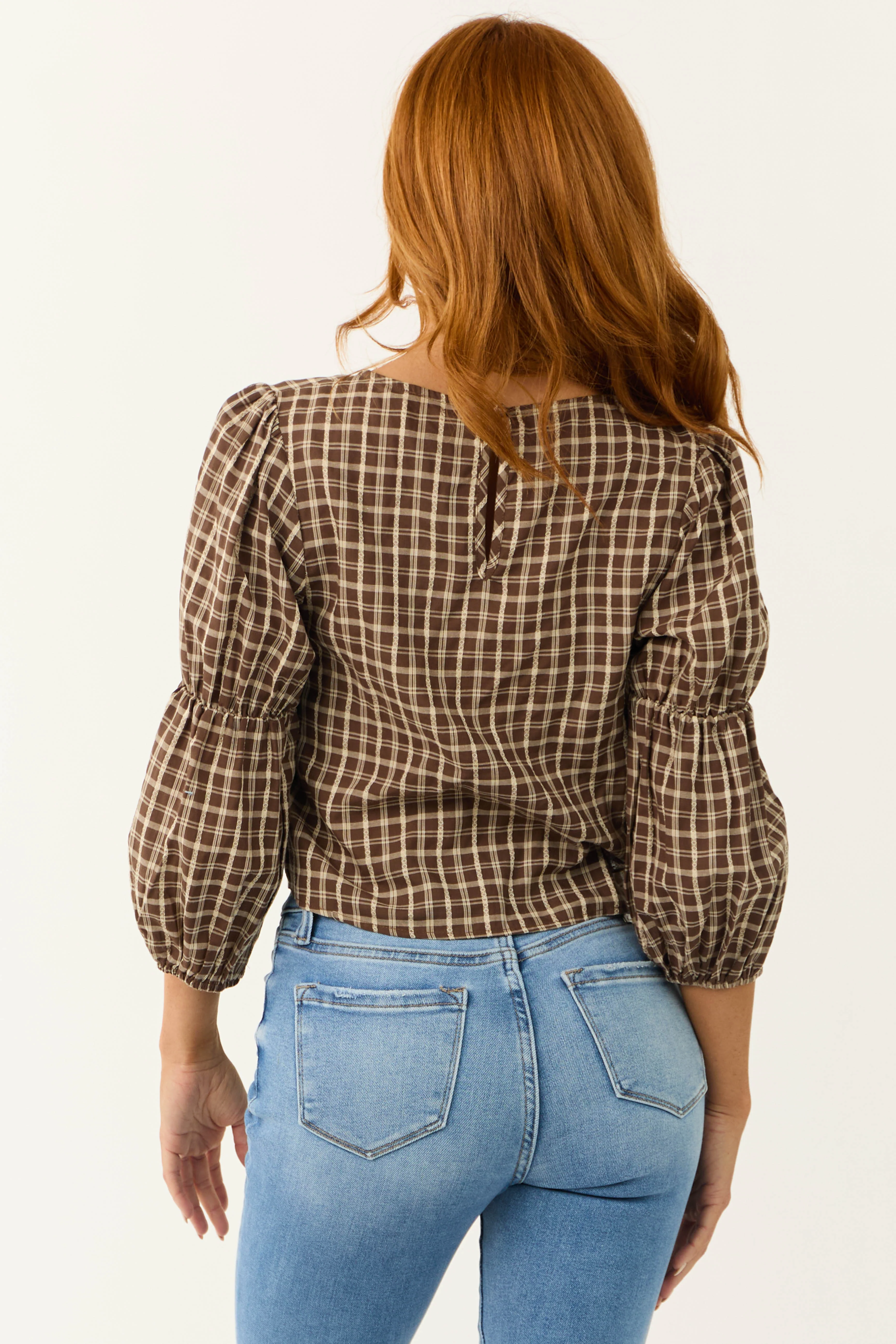 Walnut Plaid 3/4 Cinch Sleeve Top - Image 5