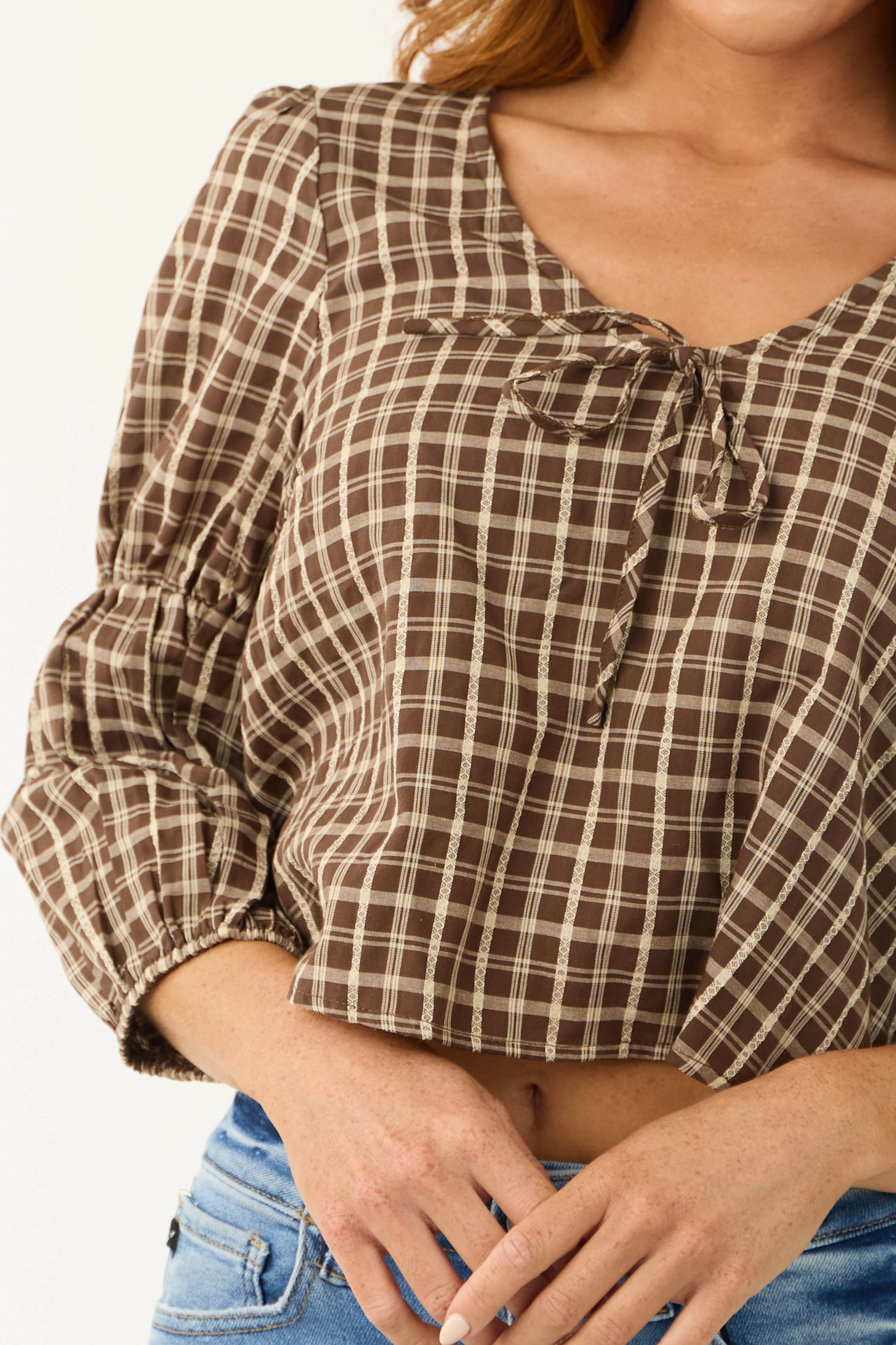 Walnut Plaid 3/4 Cinch Sleeve Top - Image 6