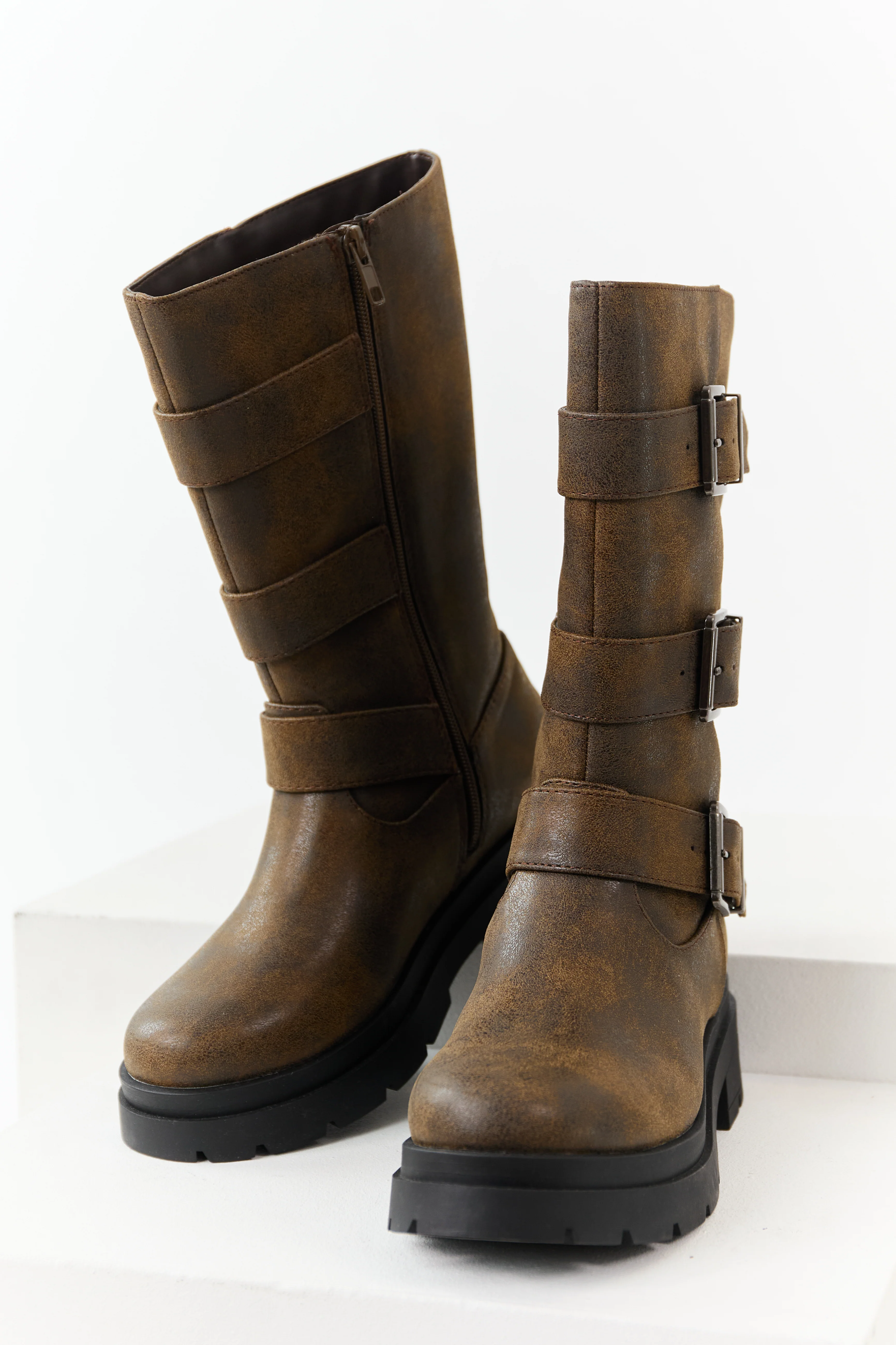 Walnut Textured Faux Leather Buckle Boots - Image 2