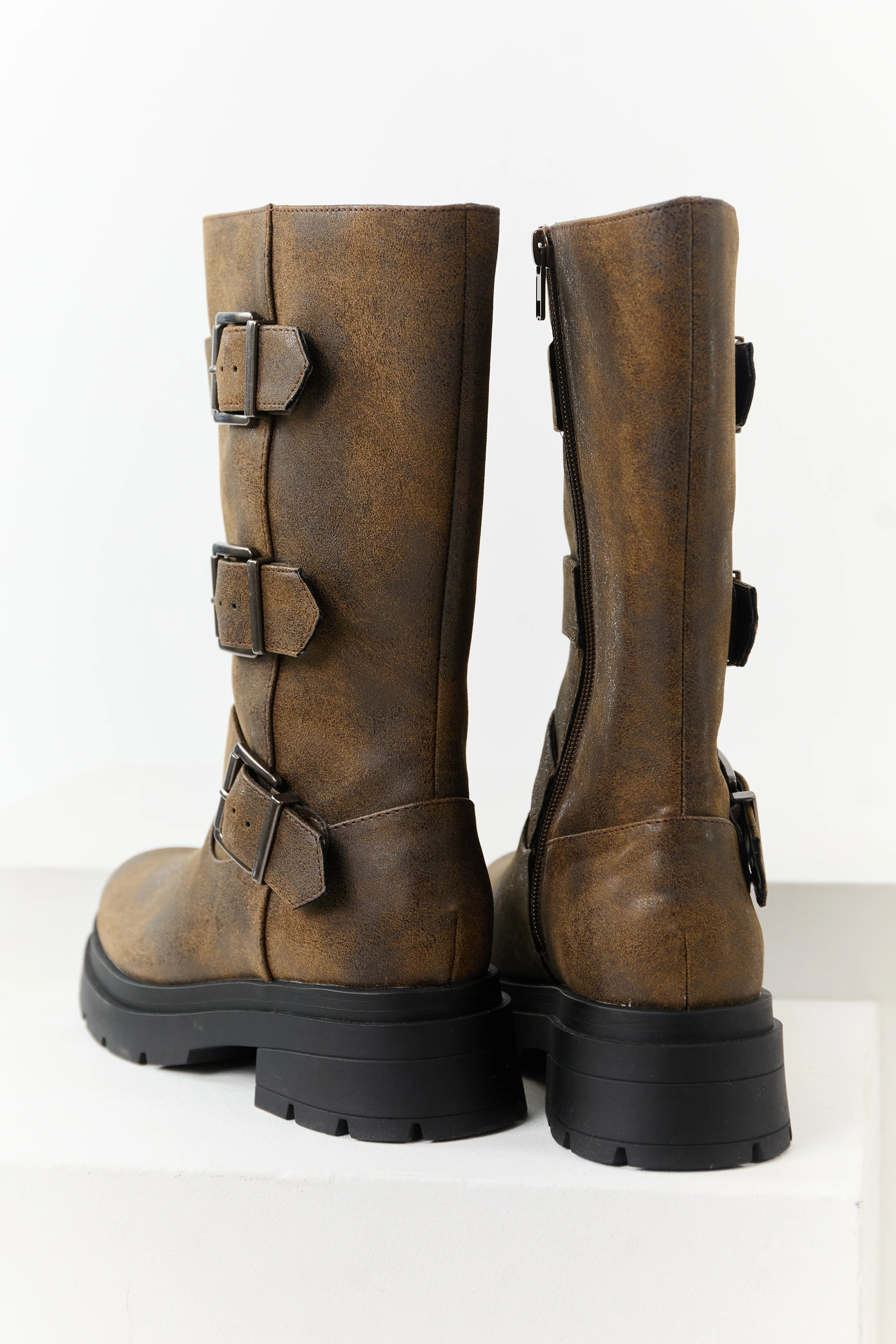 Walnut Textured Faux Leather Buckle Boots - Image 3