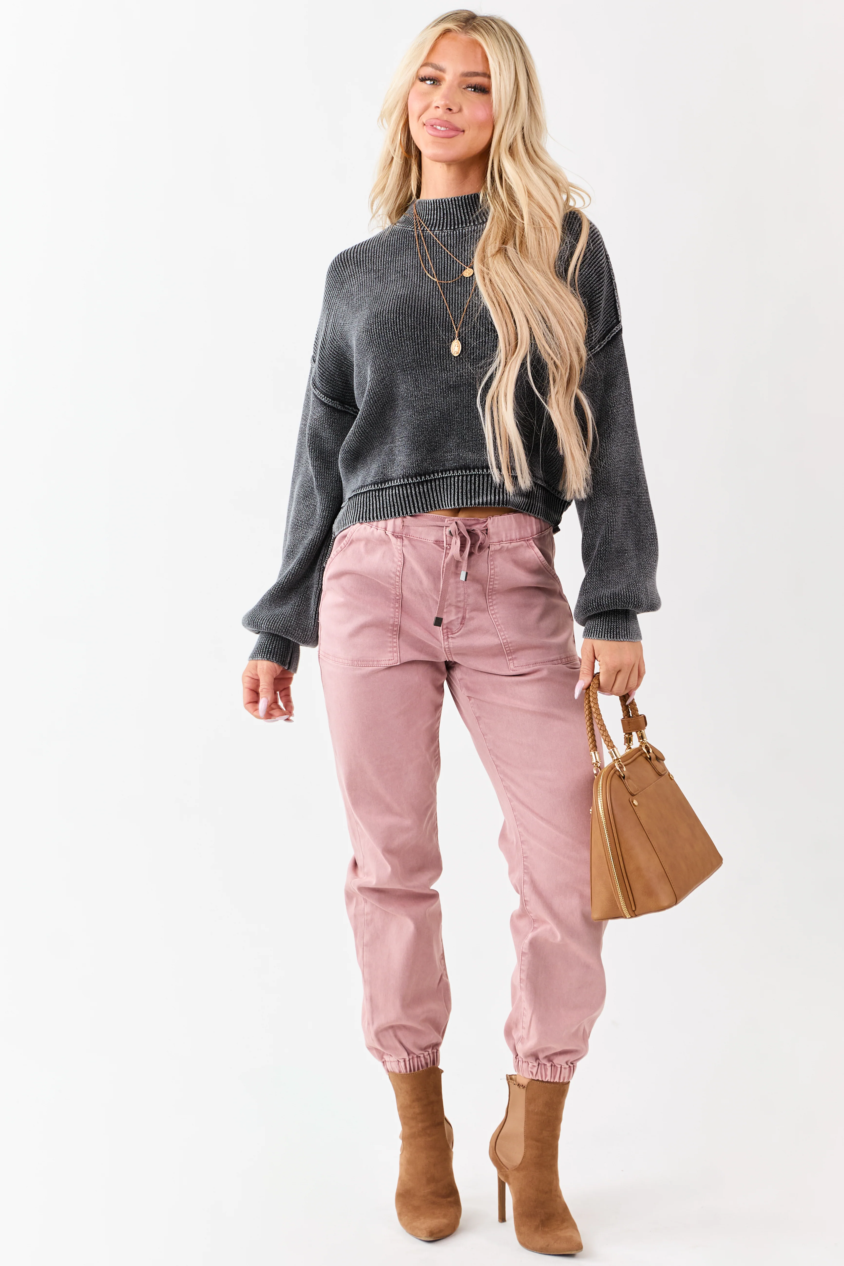 Washed Charcoal Cotton Mock Neck Rib Knit Sweater - Image 2