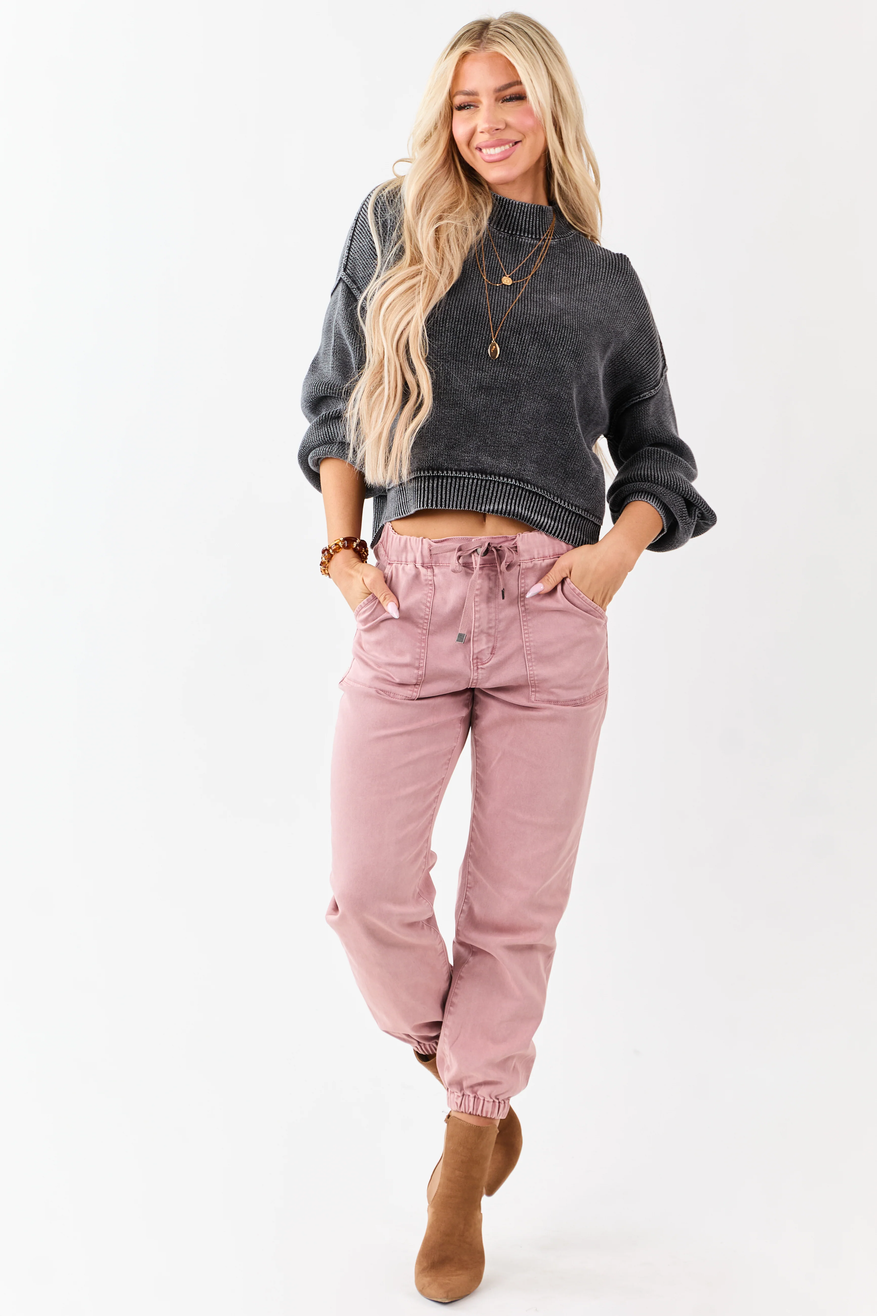 Washed Charcoal Cotton Mock Neck Rib Knit Sweater - Image 4