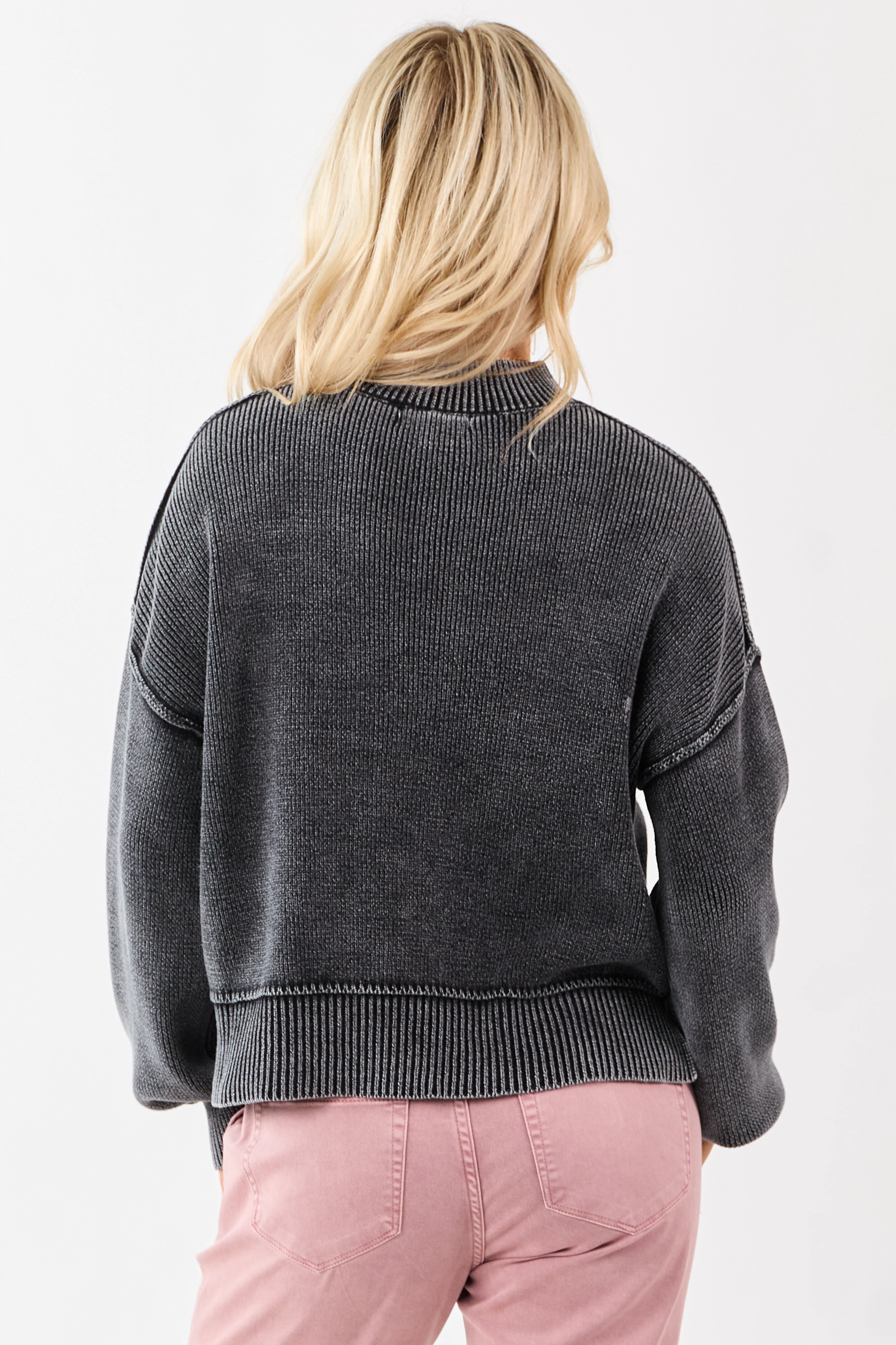 Washed Charcoal Cotton Mock Neck Rib Knit Sweater - Image 6