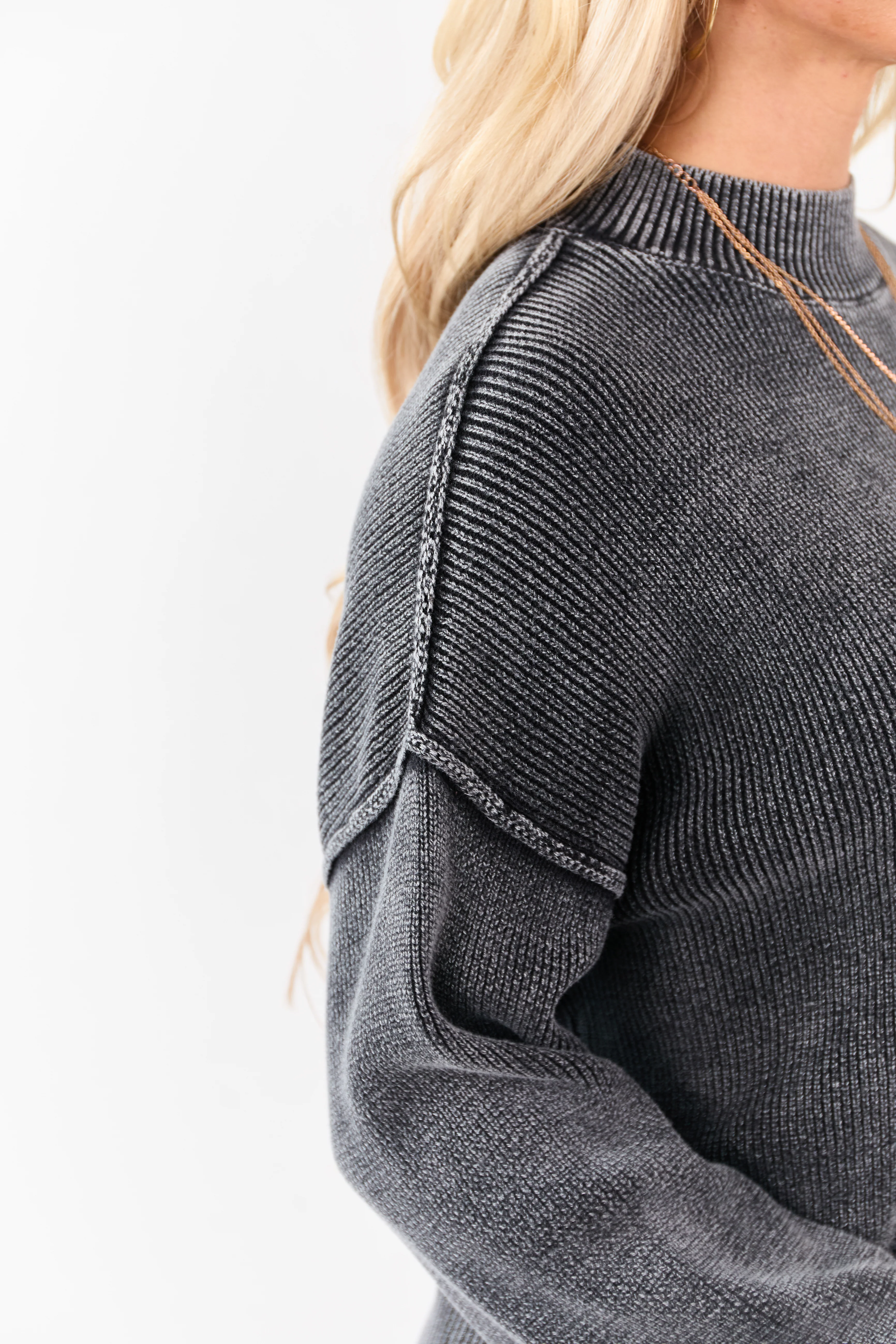 Washed Charcoal Cotton Mock Neck Rib Knit Sweater - Image 7