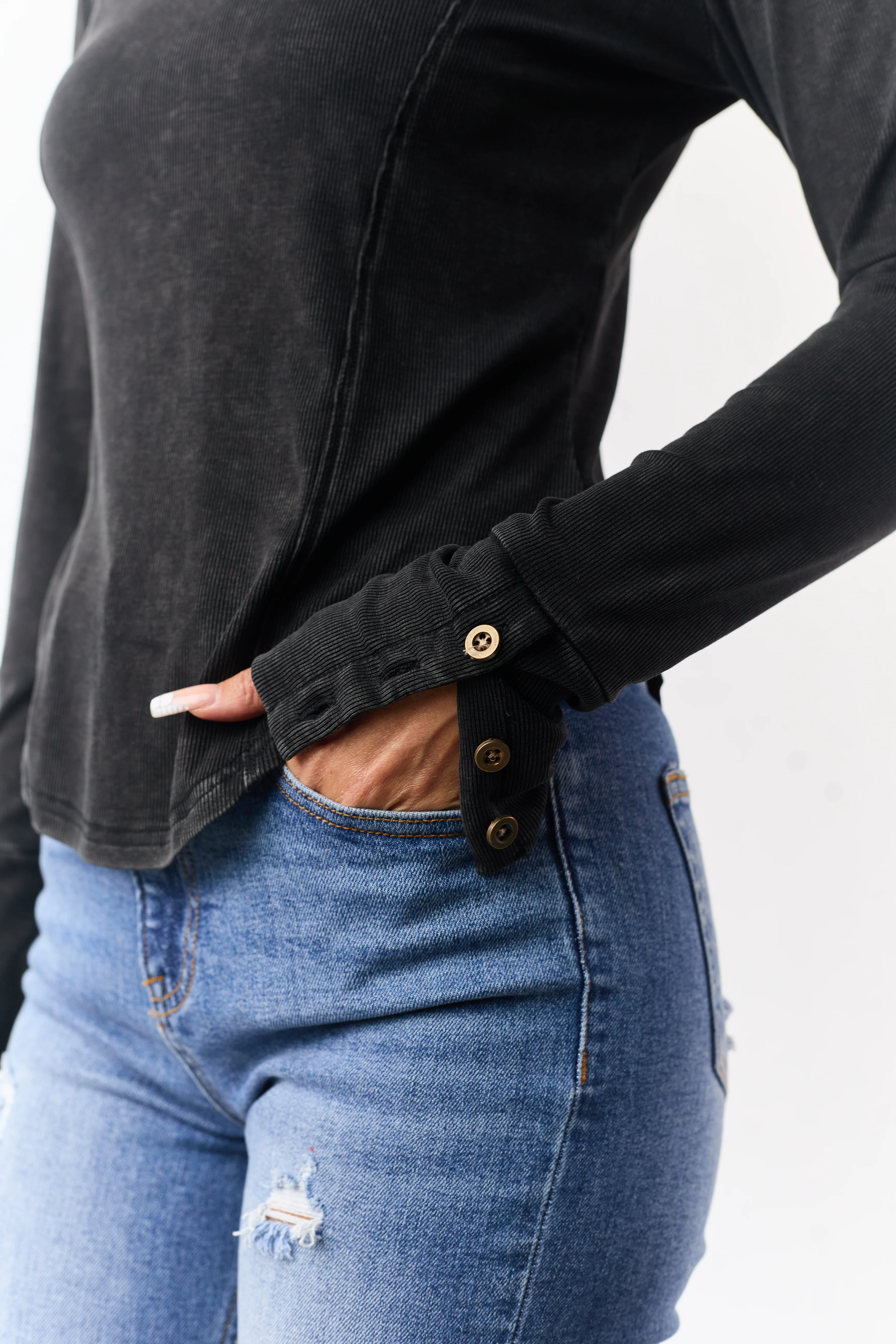 Washed Charcoal Ribbed Knit Long Sleeve Top - Image 2