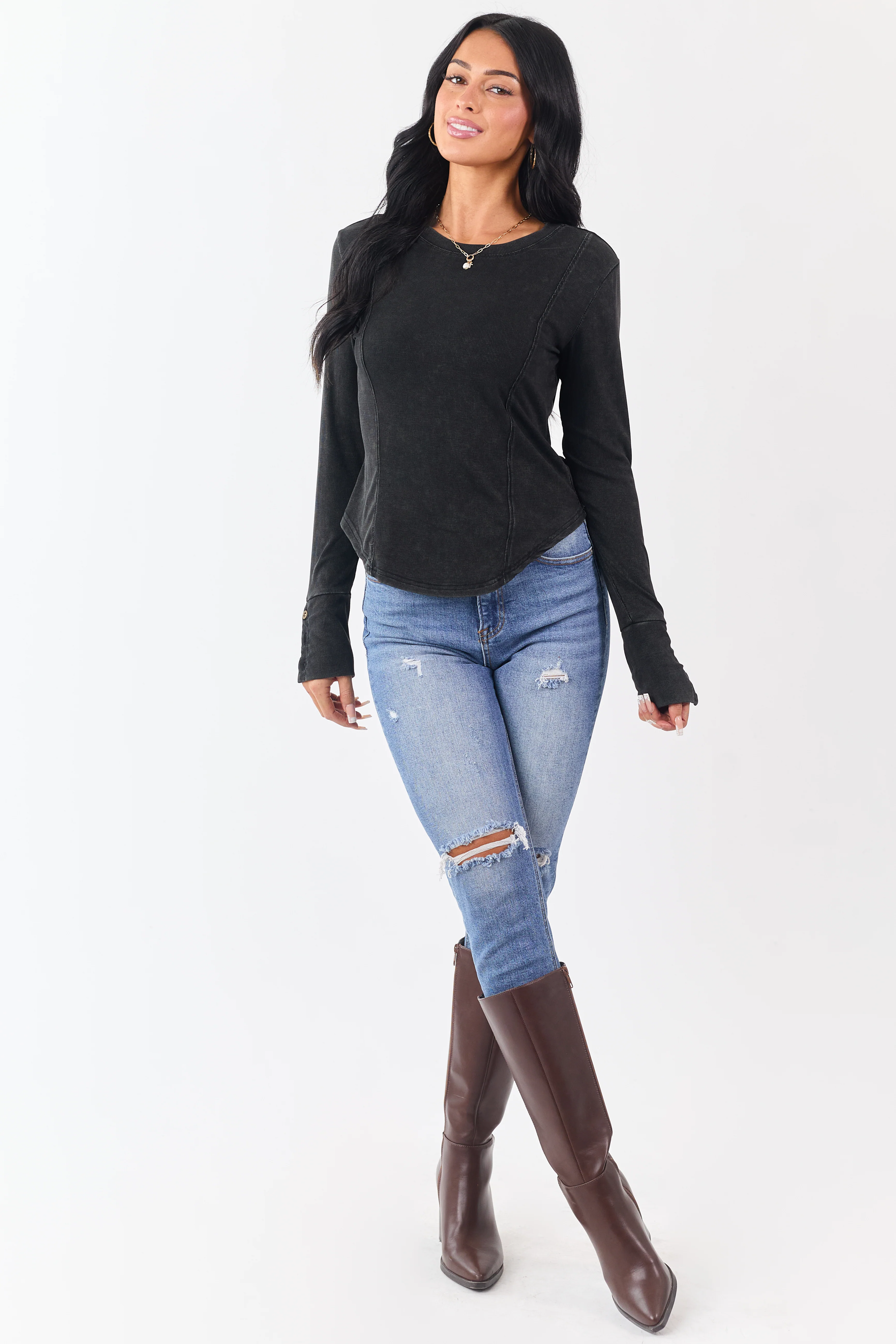 Washed Charcoal Ribbed Knit Long Sleeve Top - Image 3