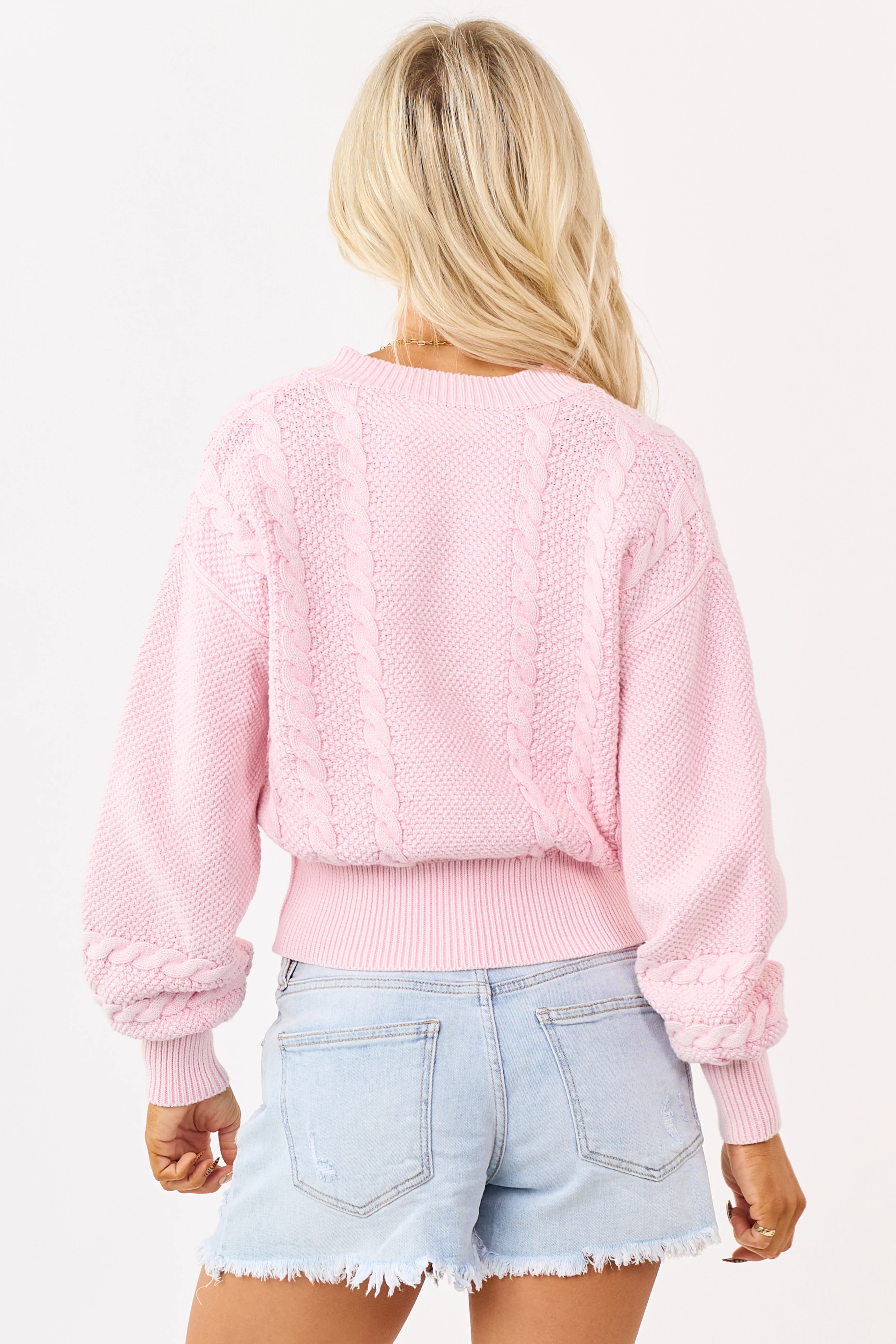 Washed Cherry Blossom Cotton Cable Knit Cardigan - Image 5