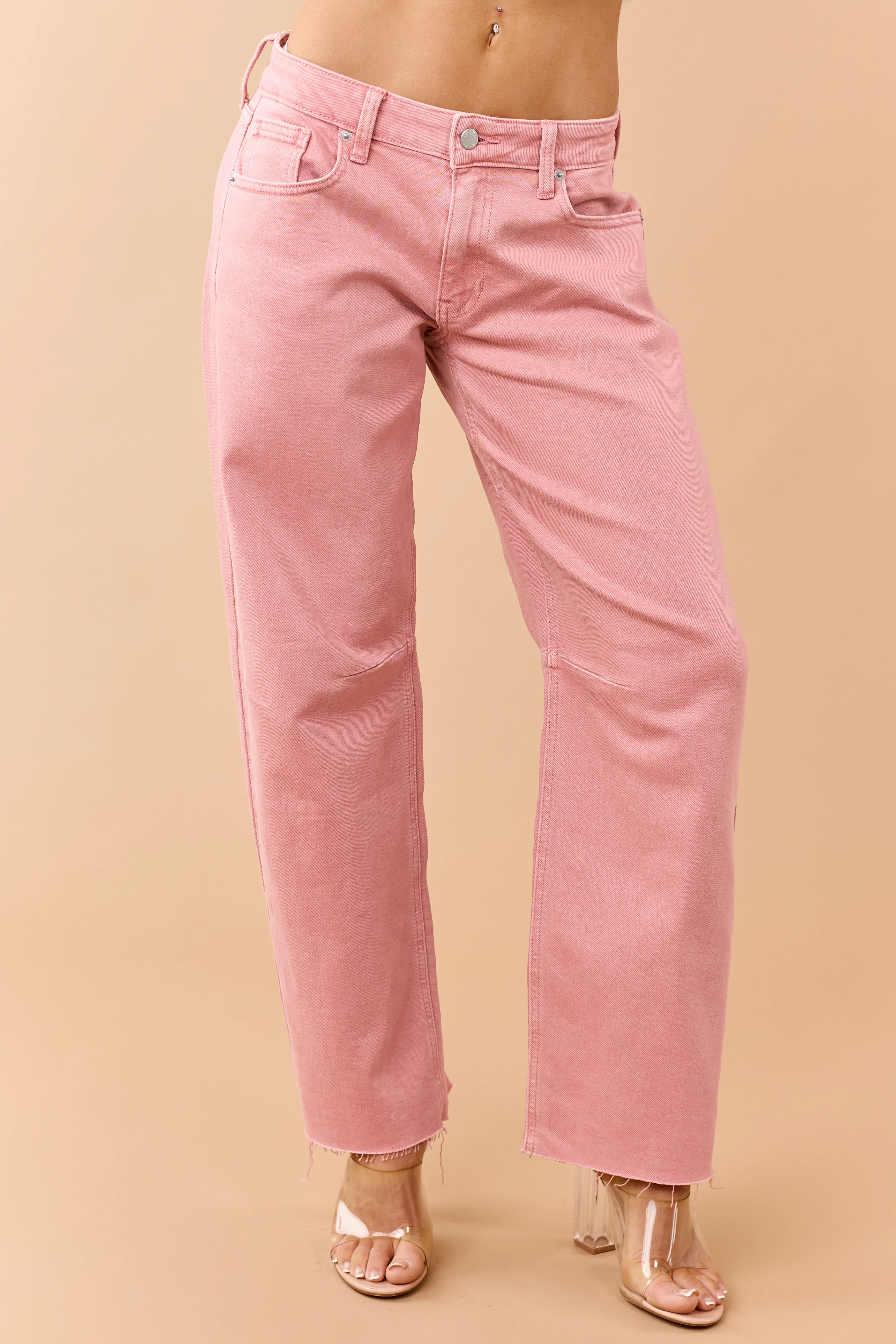 Washed Coral Mid Rise Raw Hem Barrel Jeans - Image 2