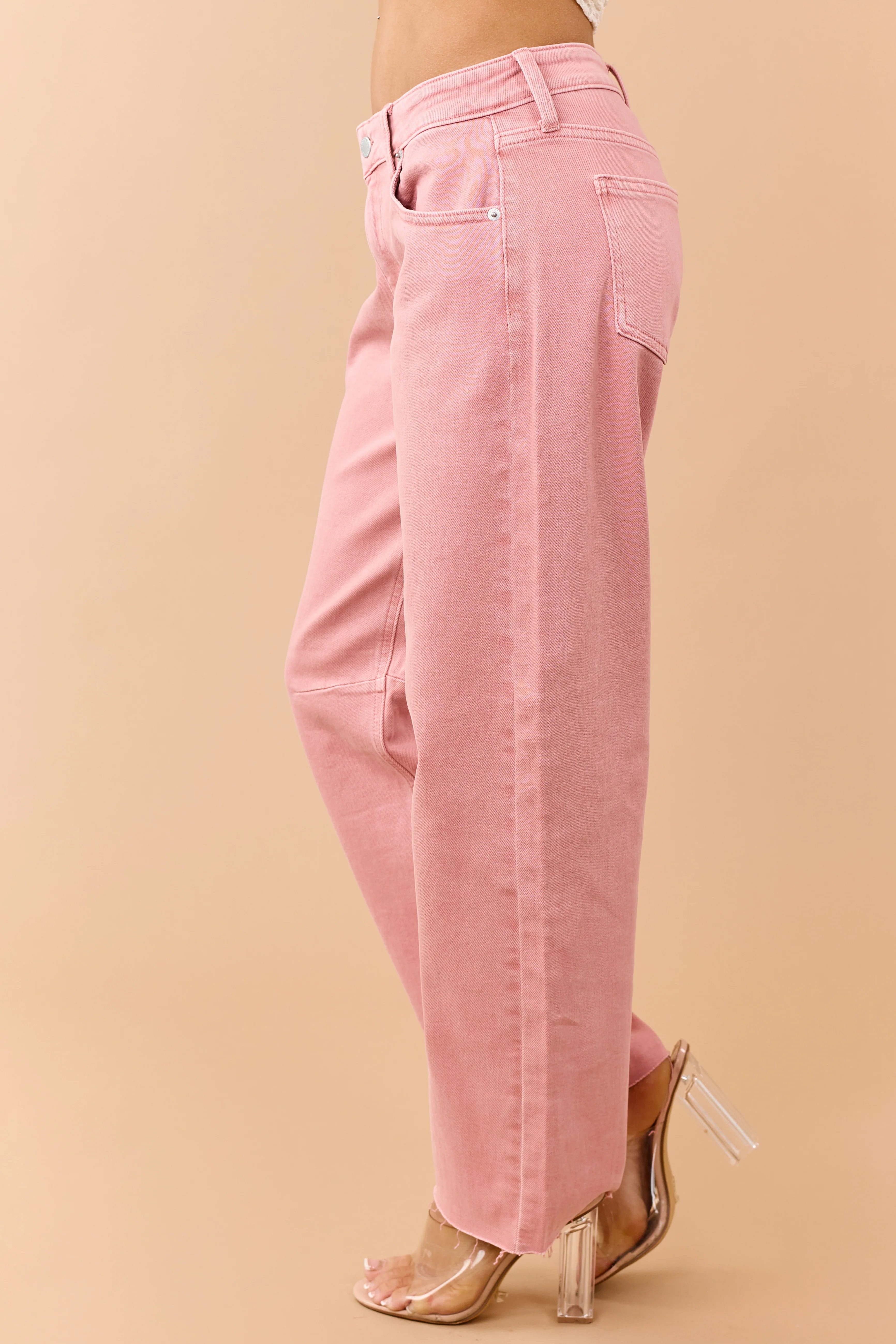 Washed Coral Mid Rise Raw Hem Barrel Jeans - Image 3