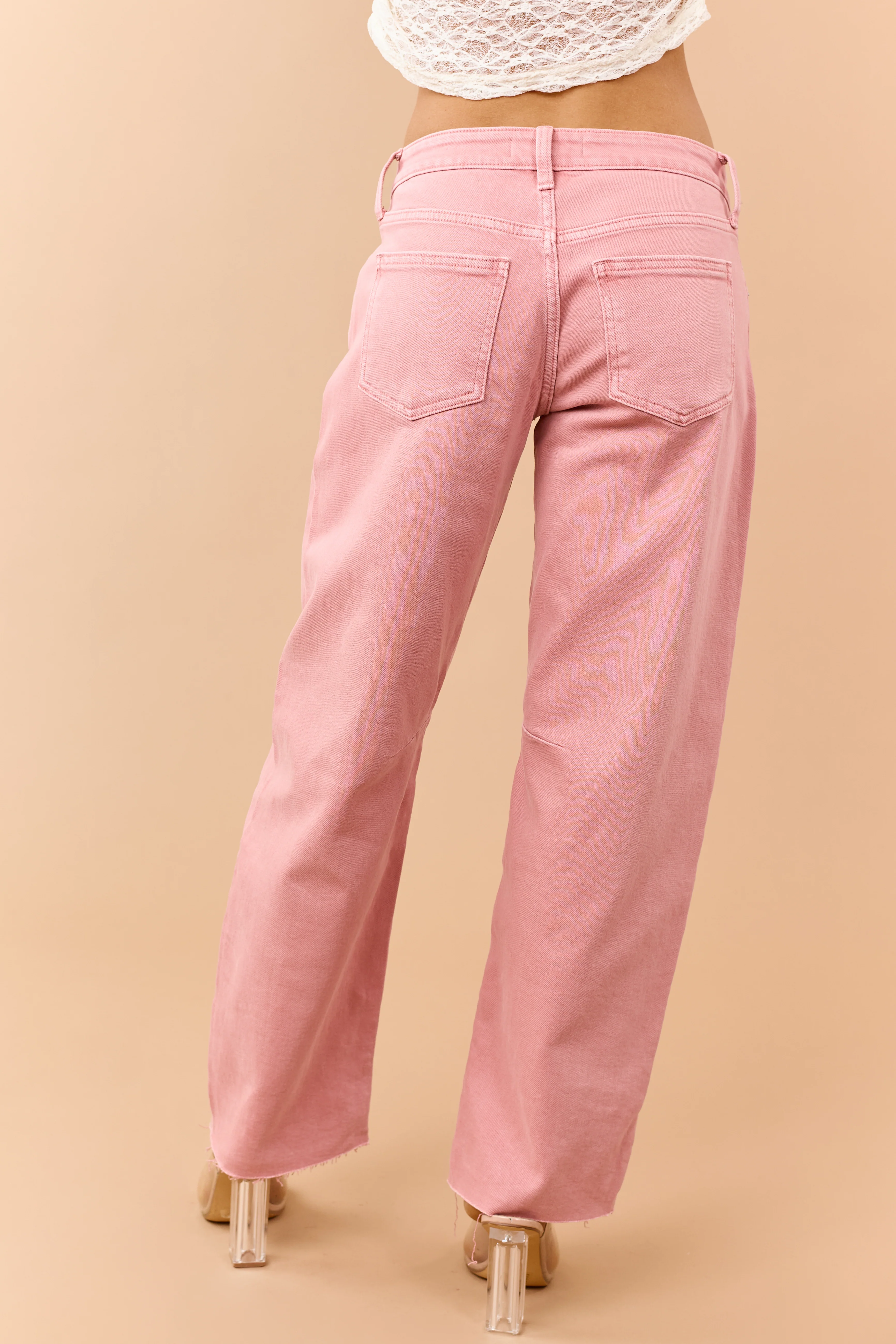 Washed Coral Mid Rise Raw Hem Barrel Jeans - Image 4