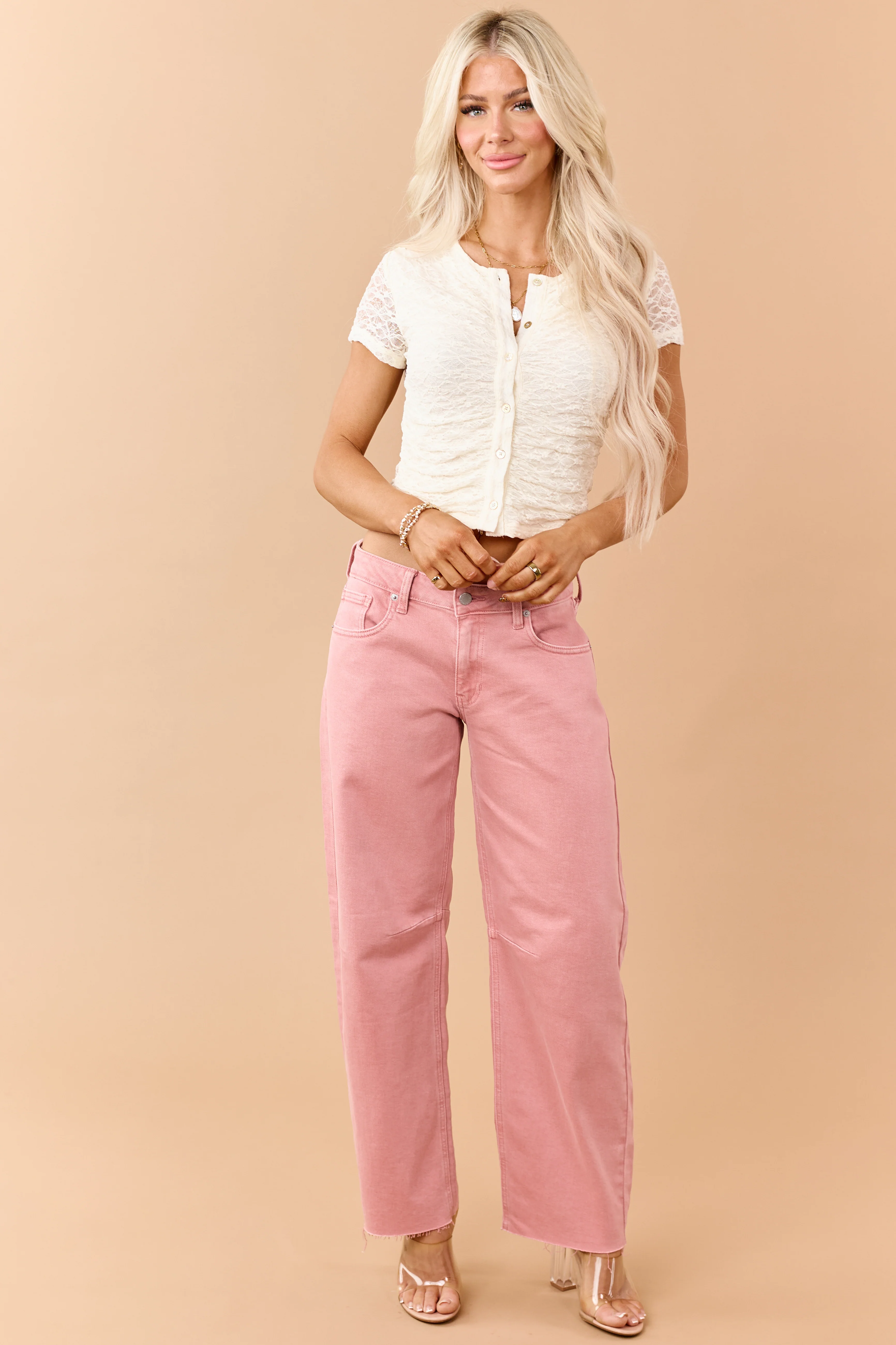 Washed Coral Mid Rise Raw Hem Barrel Jeans - Image 5