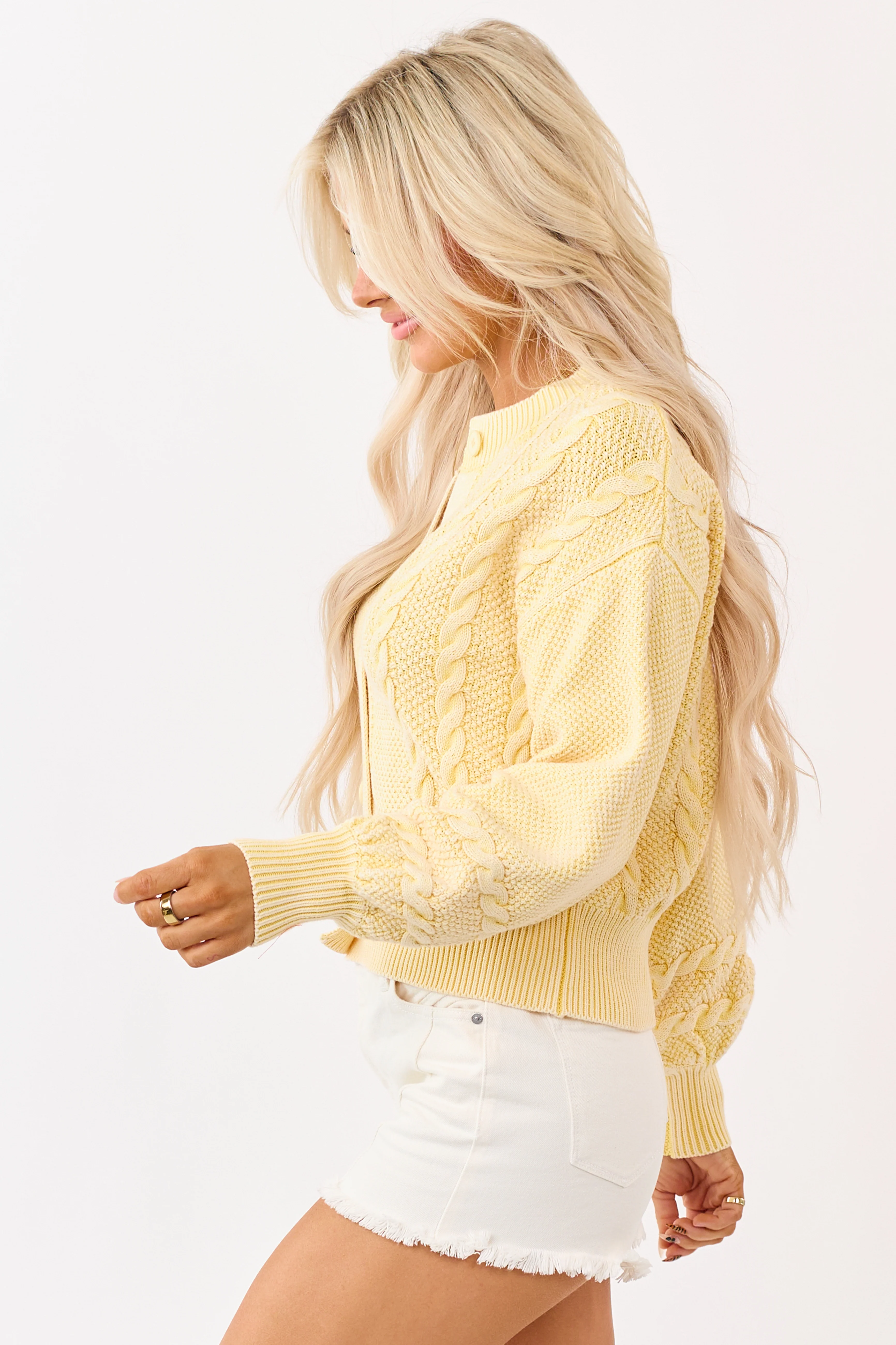 Washed Lemon Cotton Cable Knit Cardigan - Image 4