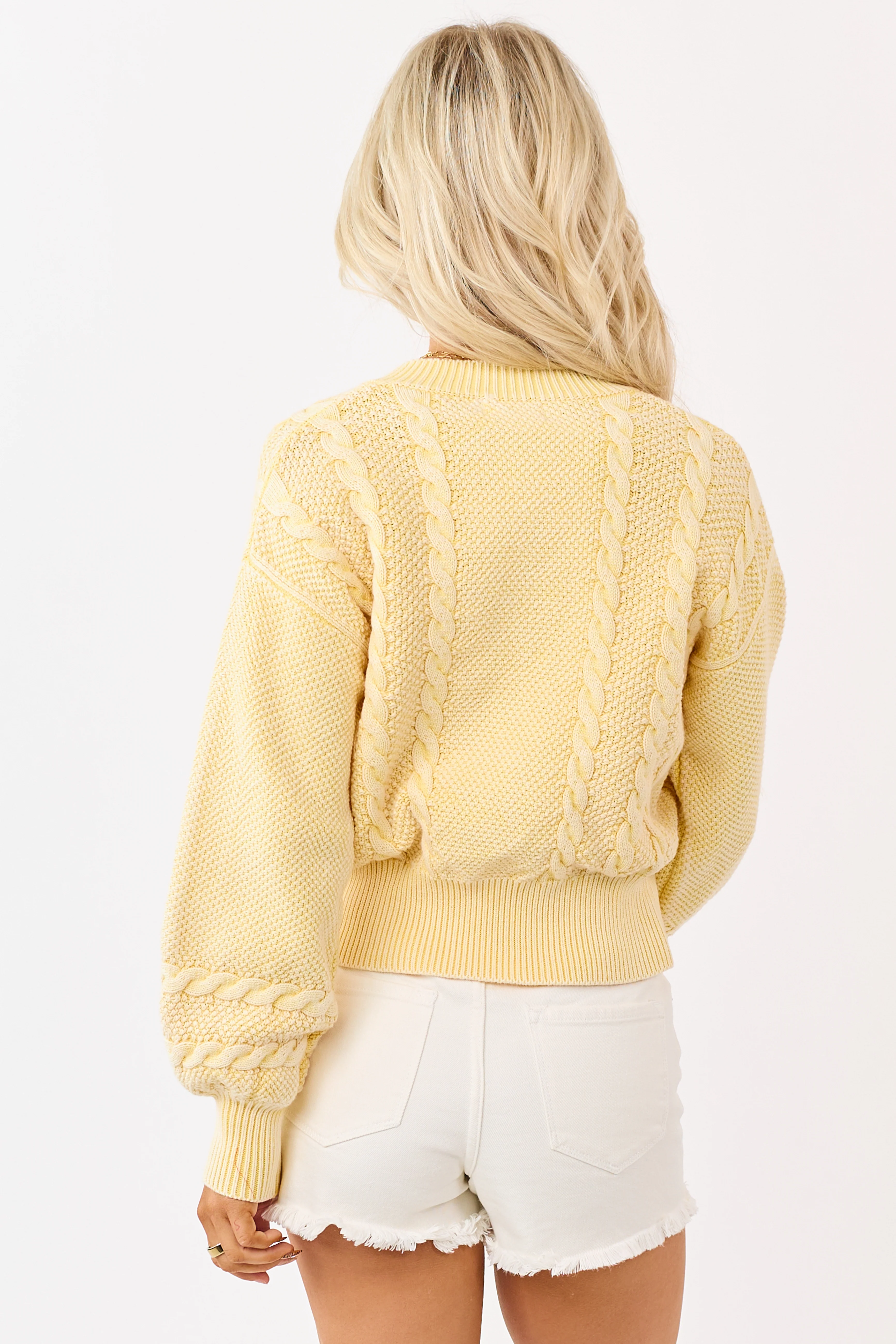 Washed Lemon Cotton Cable Knit Cardigan - Image 5