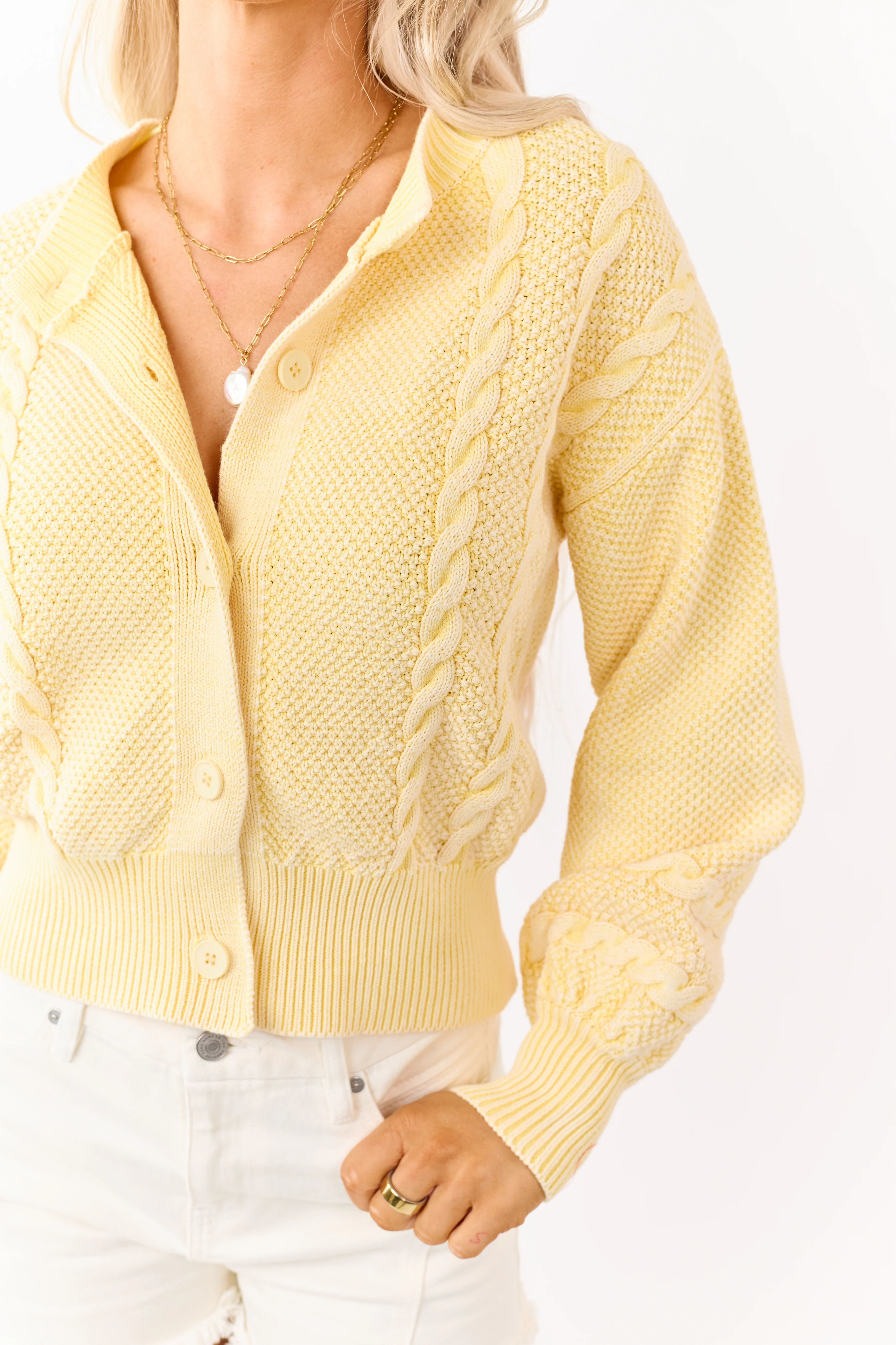 Washed Lemon Cotton Cable Knit Cardigan - Image 6