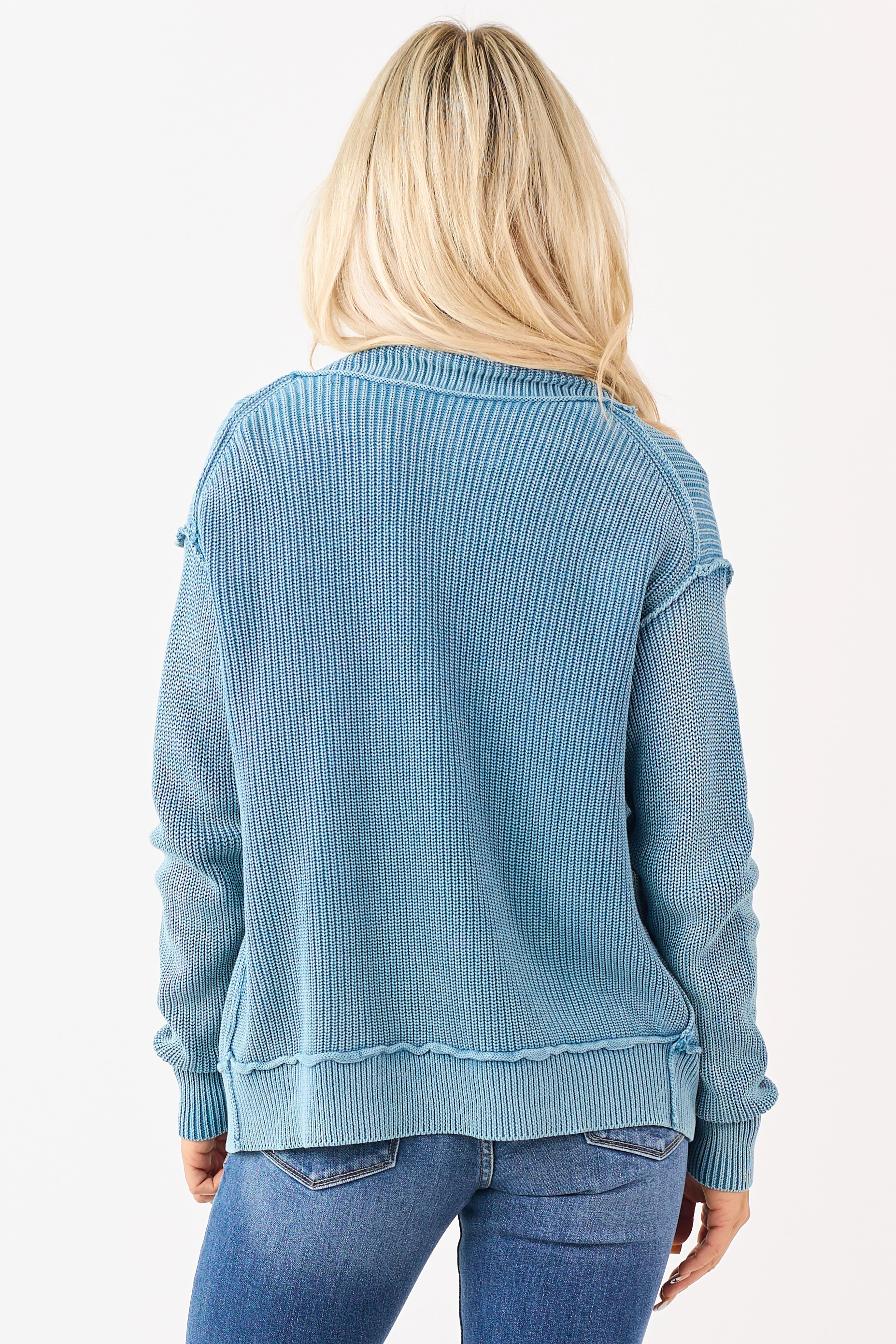 Washed Sea Blue Cotton Open Front Cardigan - Image 5