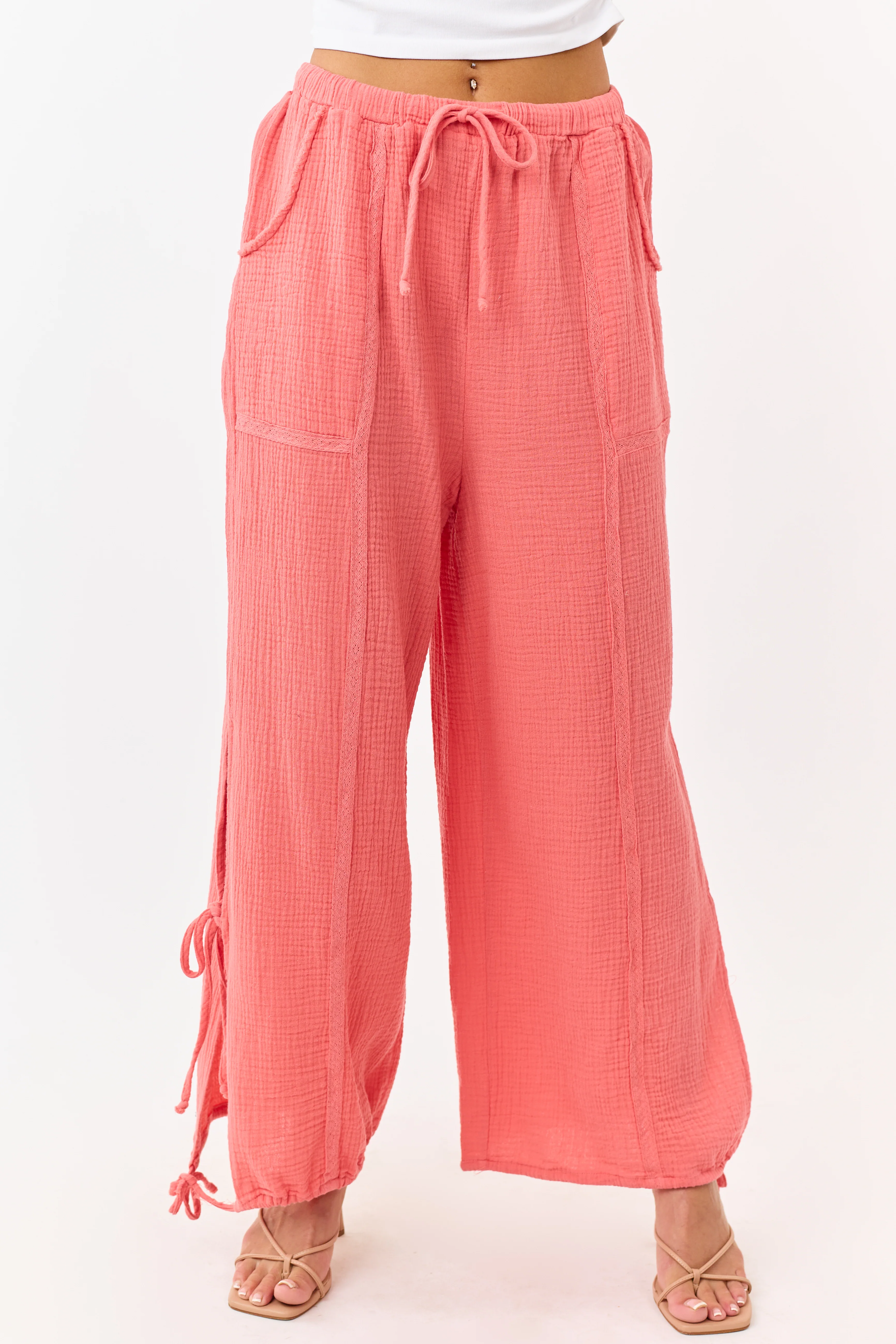 Watermelon Side Tie Cotton Gauze Wide Leg Pants - Image 3