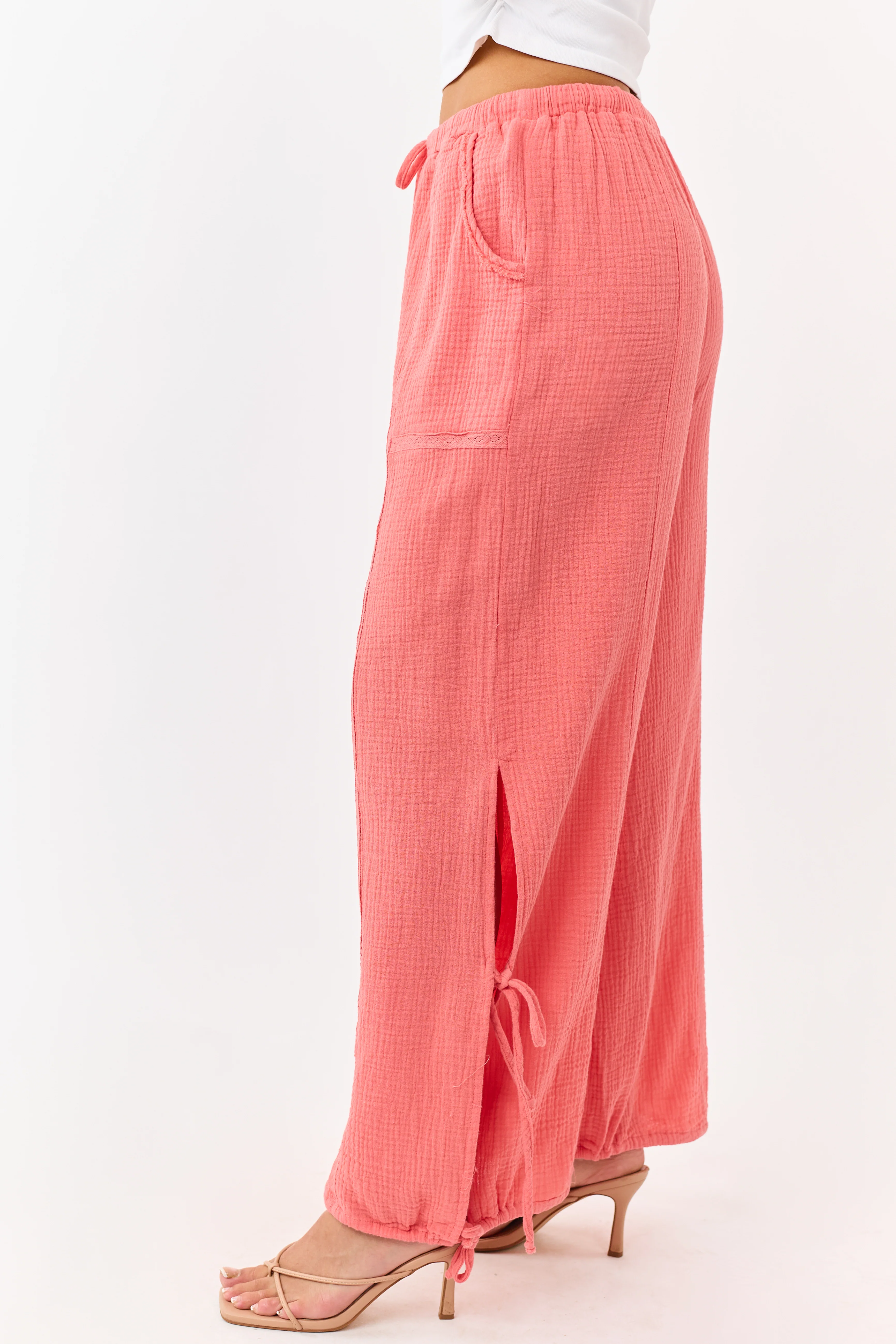 Watermelon Side Tie Cotton Gauze Wide Leg Pants - Image 4