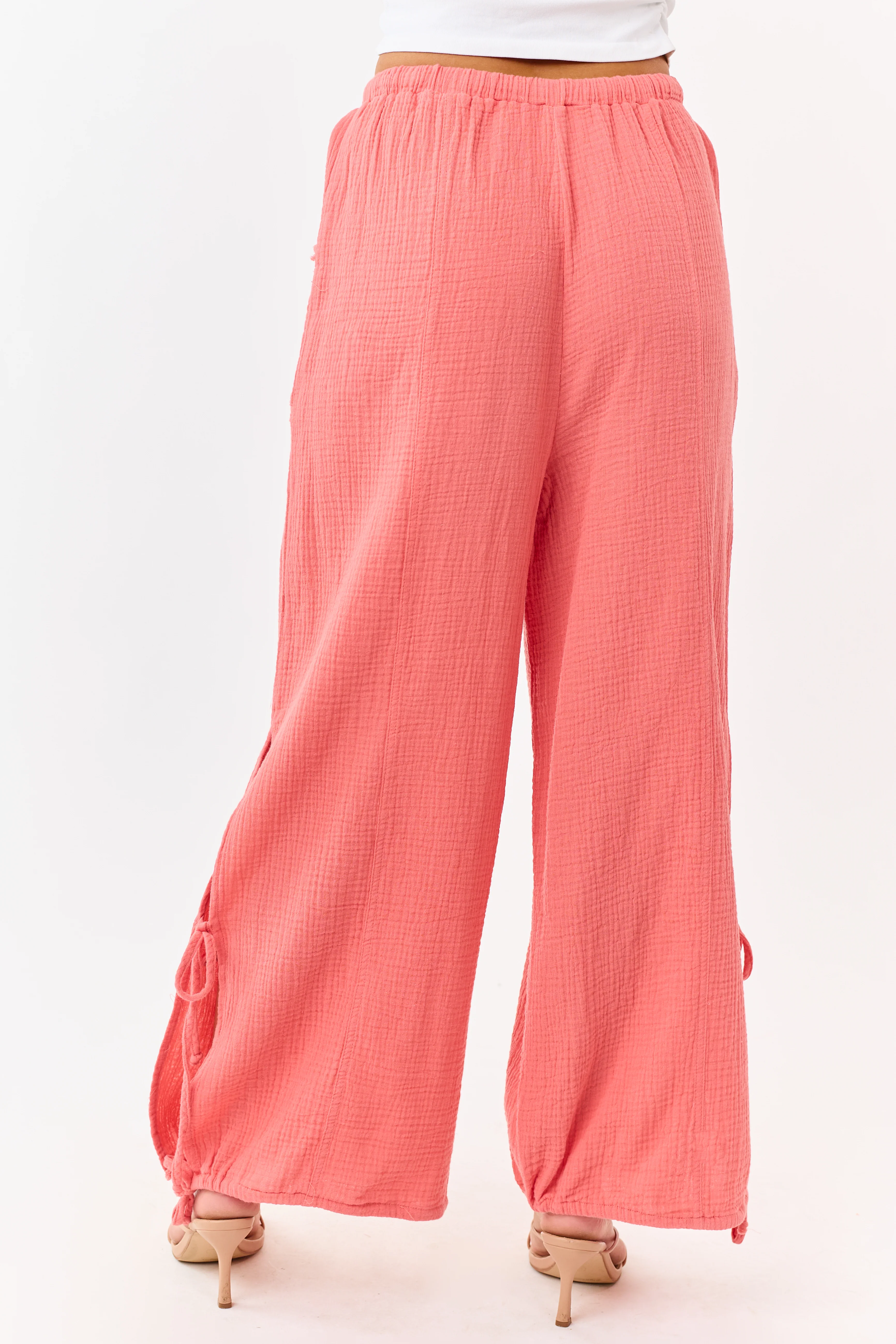 Watermelon Side Tie Cotton Gauze Wide Leg Pants - Image 5