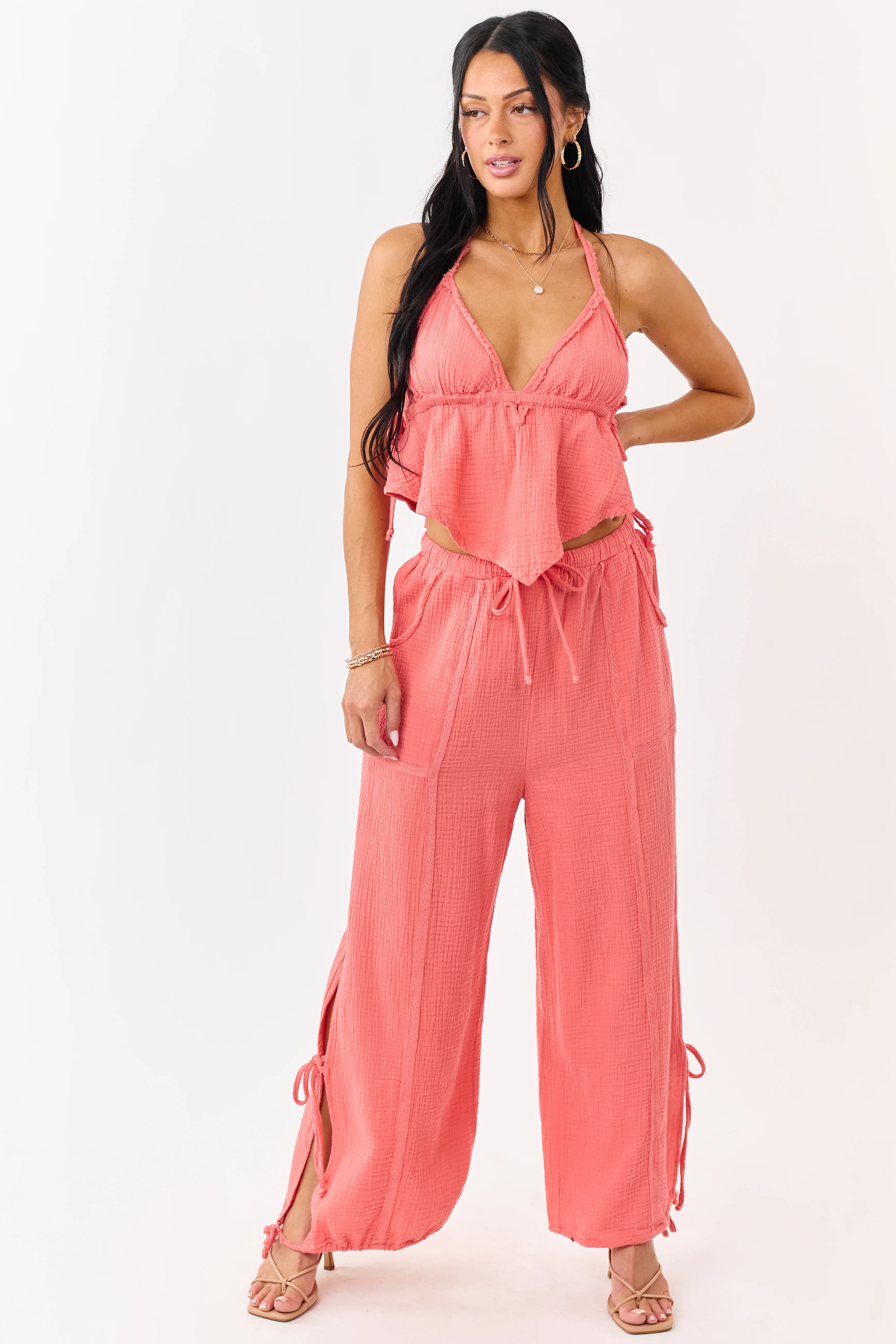 Watermelon Side Tie Cotton Gauze Wide Leg Pants - Image 6
