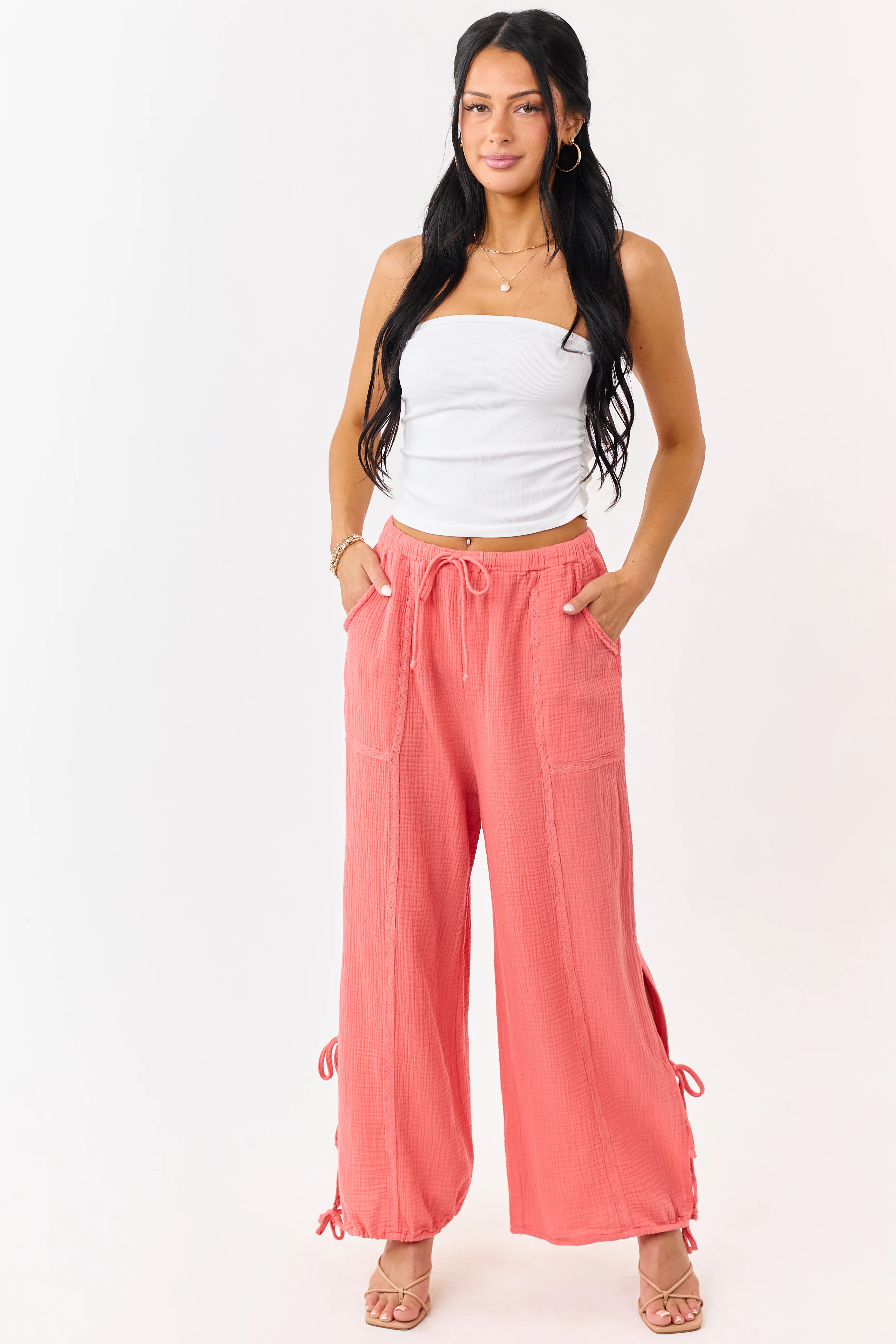 Watermelon Side Tie Cotton Gauze Wide Leg Pants - Image 7