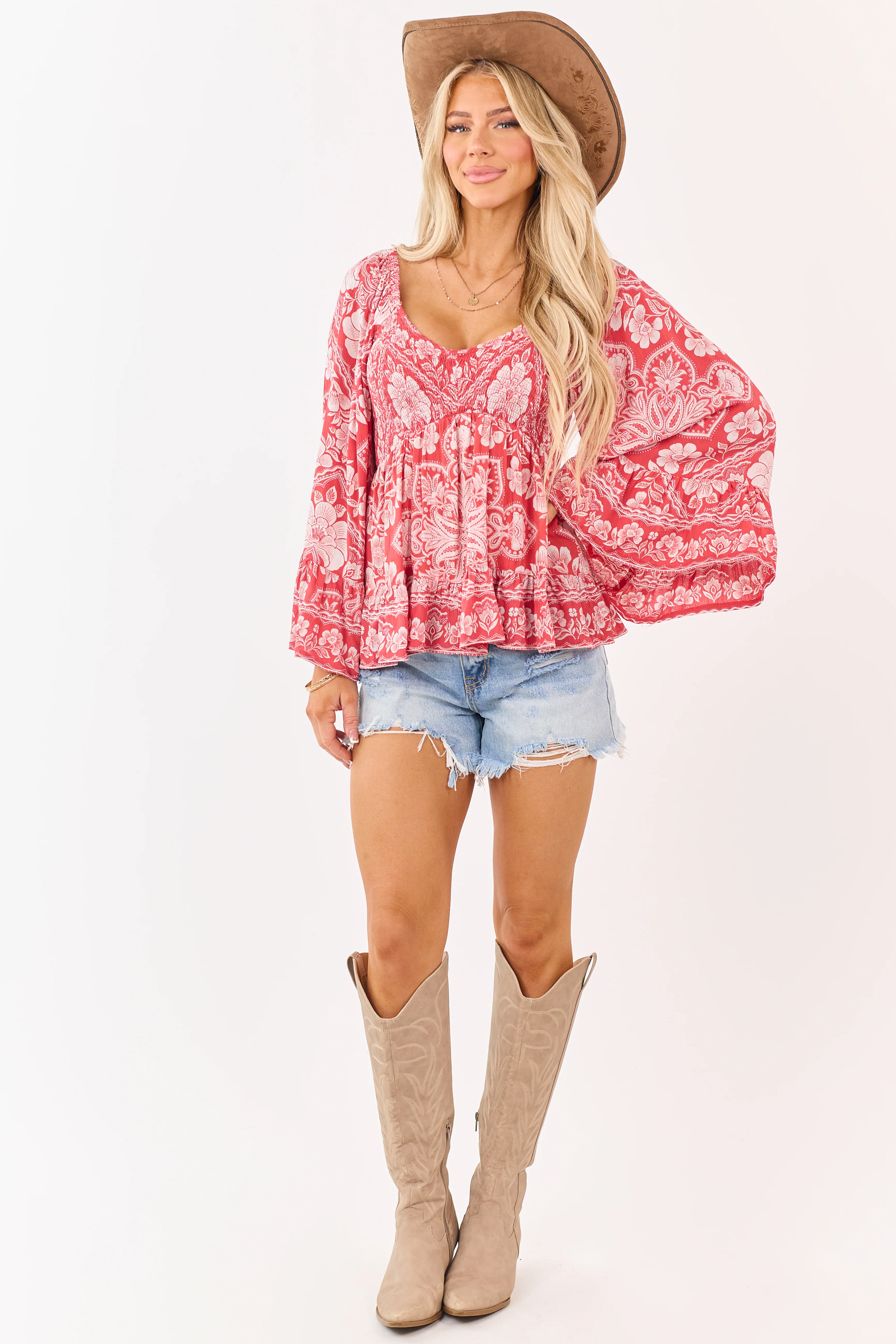 Watermelon Smocked Floral Print Flare Sleeve Top - Image 3