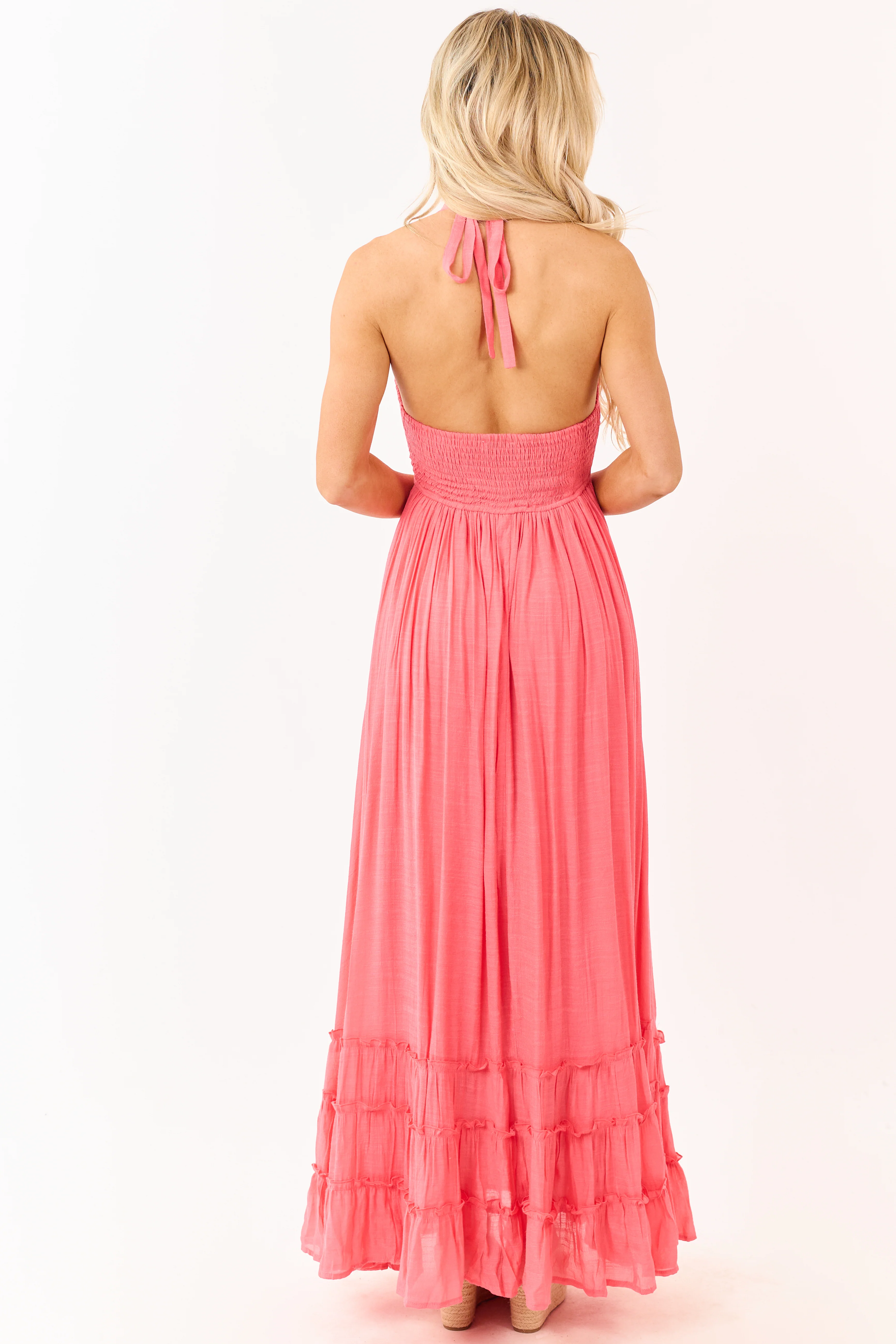 Watermelon Smocked Halter Neck Flowy Maxi Dress - Image 3
