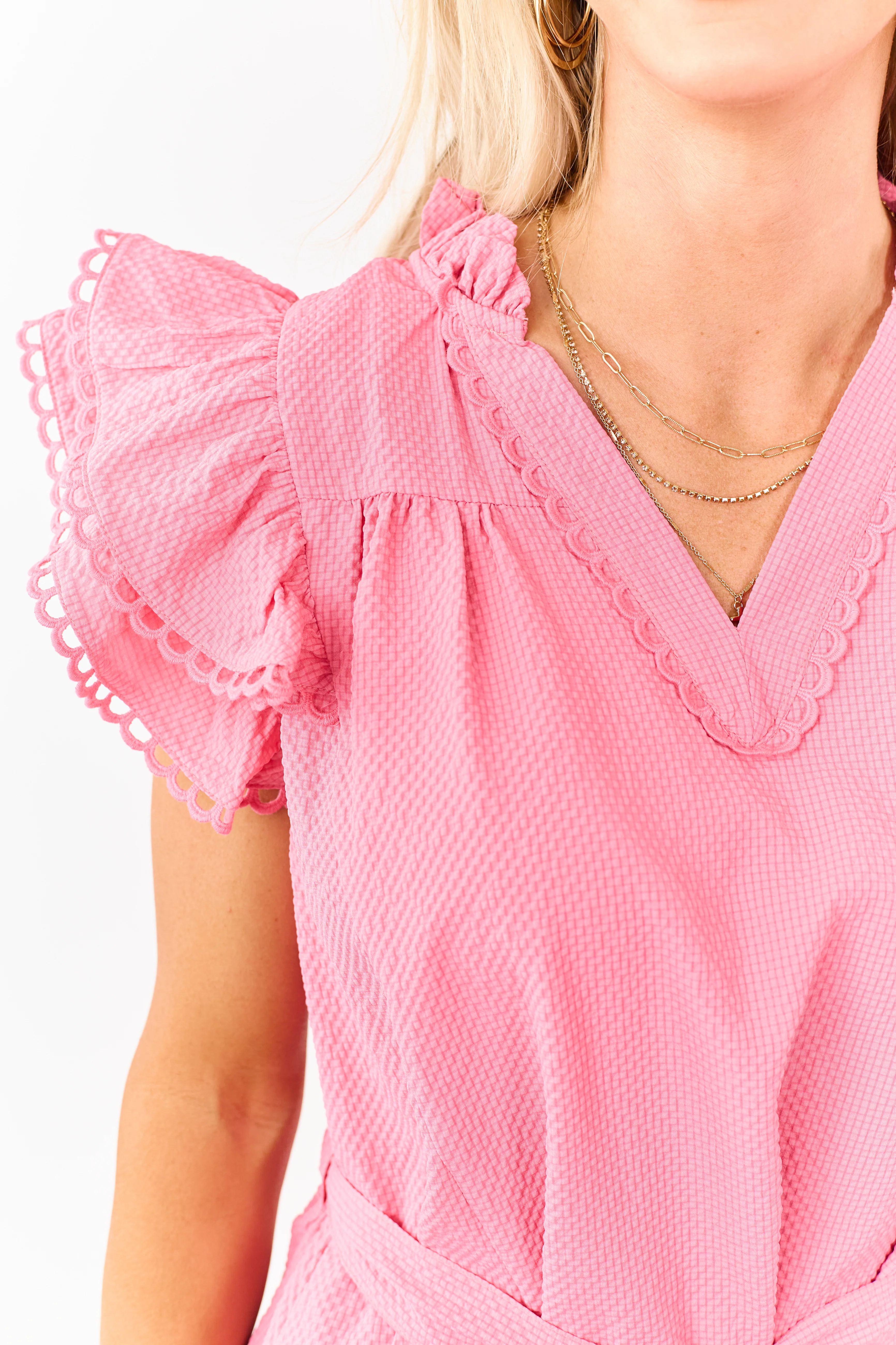 Watermelon Textured V Neck Ruffle Mini Dress - Image 6