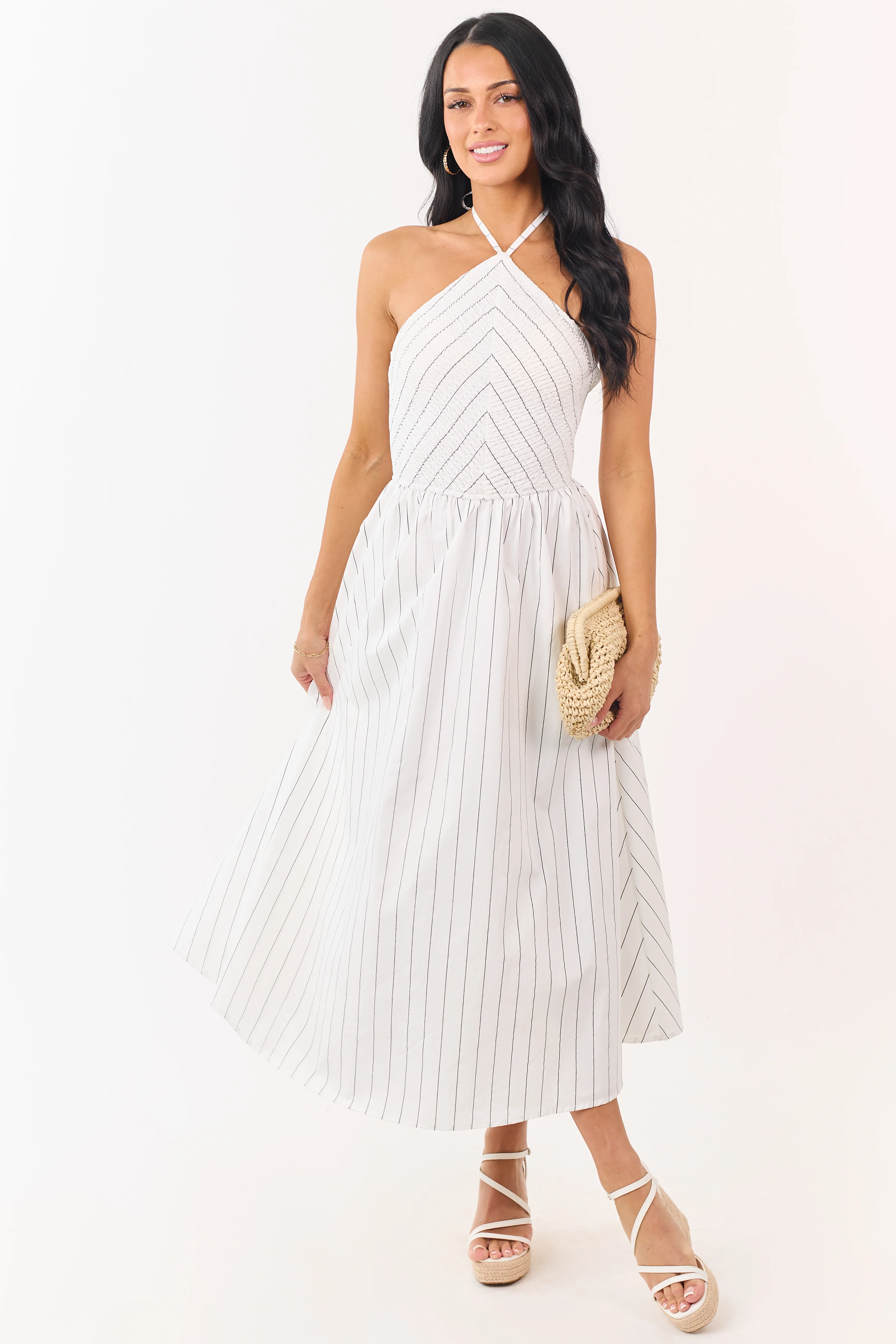 White and Black Cotton Pin Stripe Halter Maxi Dress