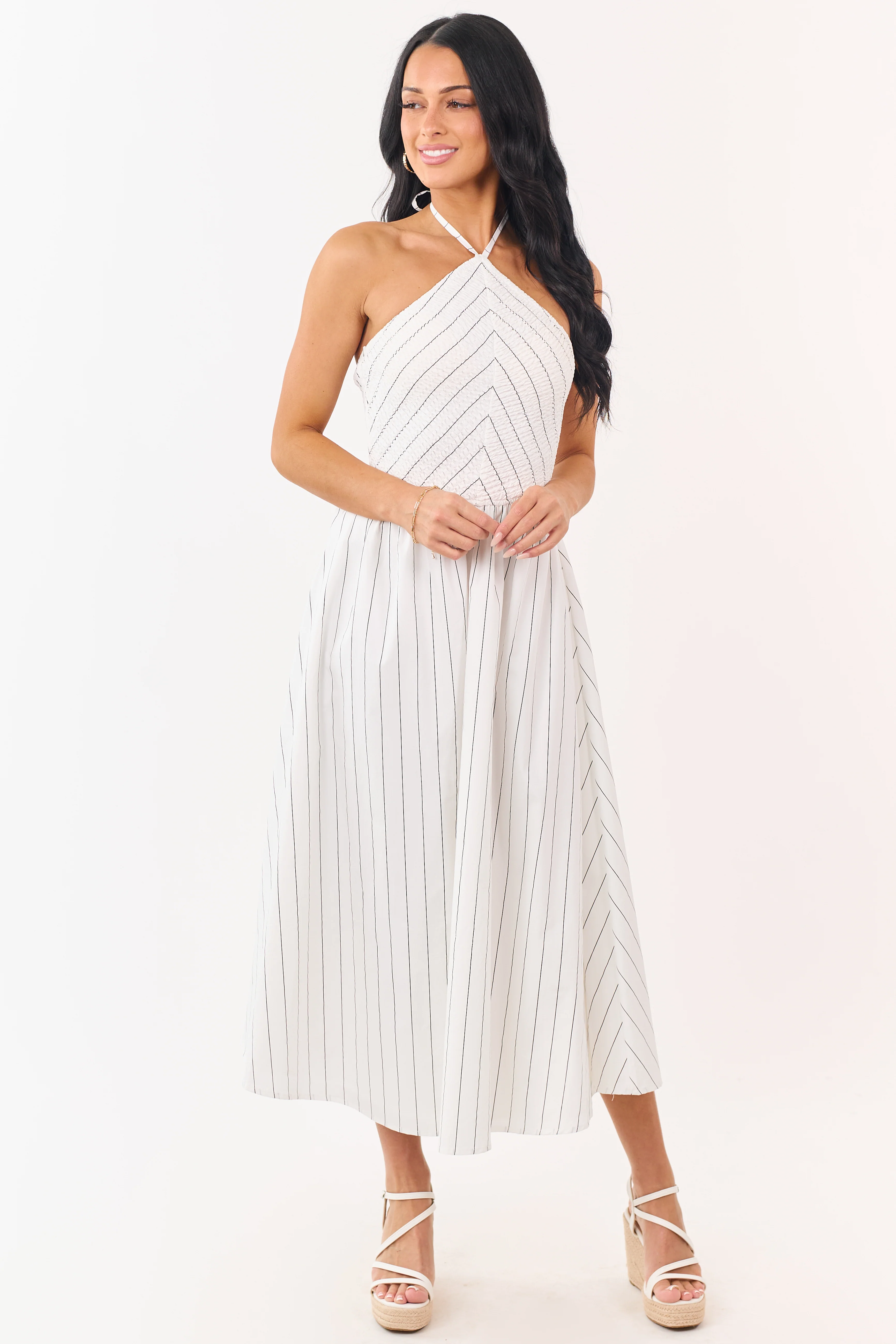 White and Black Cotton Pin Stripe Halter Maxi Dress - Image 3