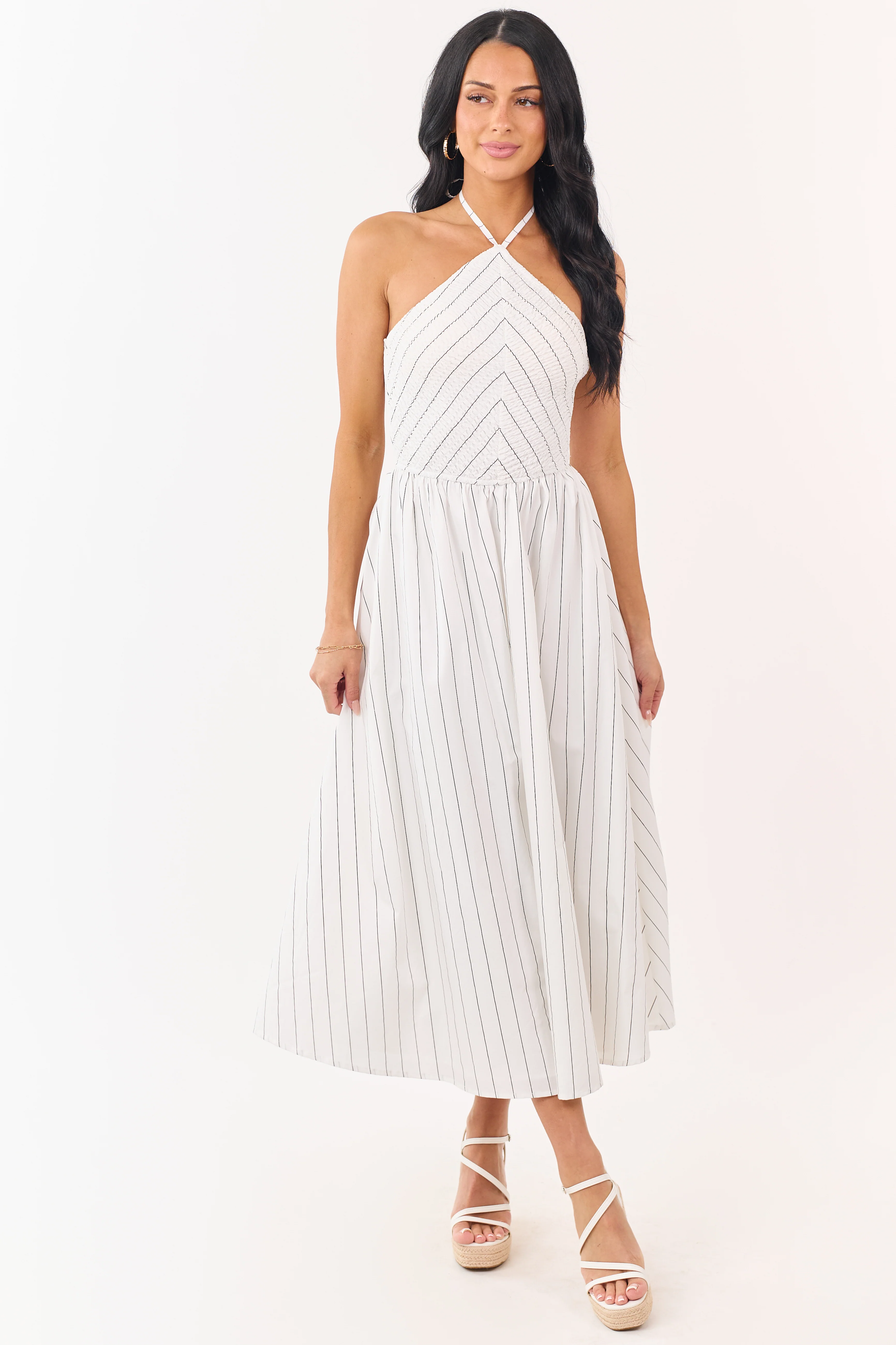 White and Black Cotton Pin Stripe Halter Maxi Dress - Image 4