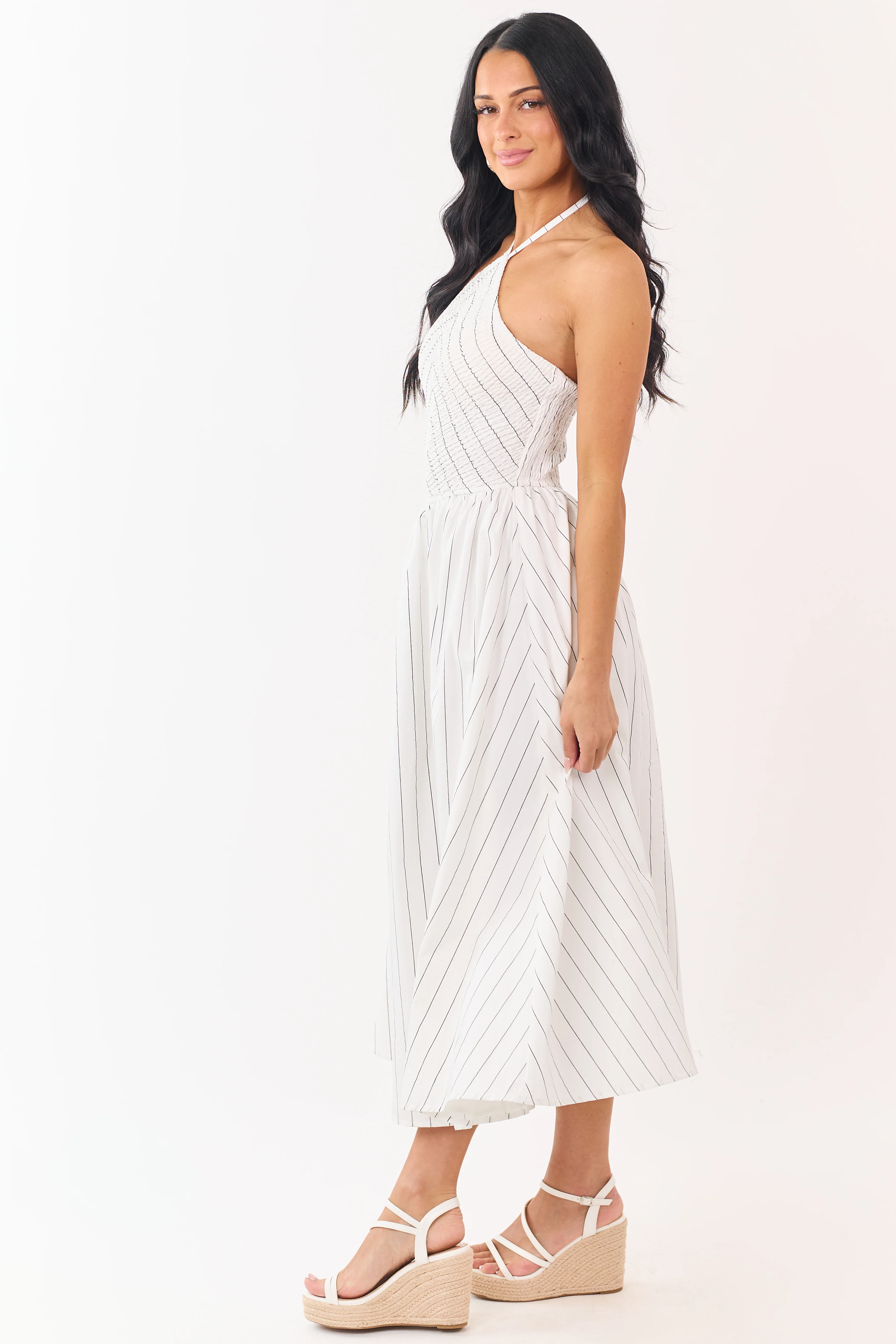 White and Black Cotton Pin Stripe Halter Maxi Dress - Image 5
