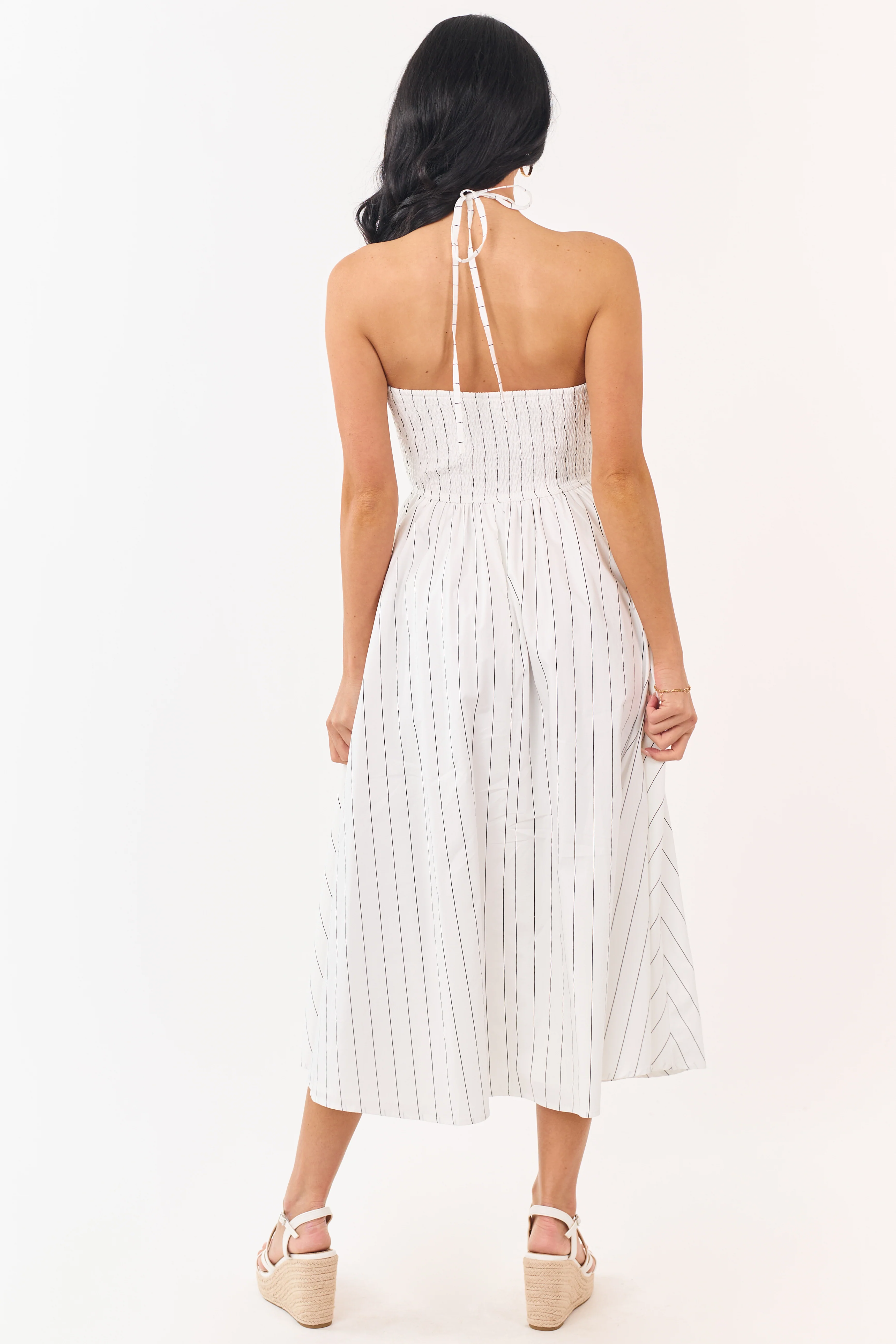 White and Black Cotton Pin Stripe Halter Maxi Dress - Image 6
