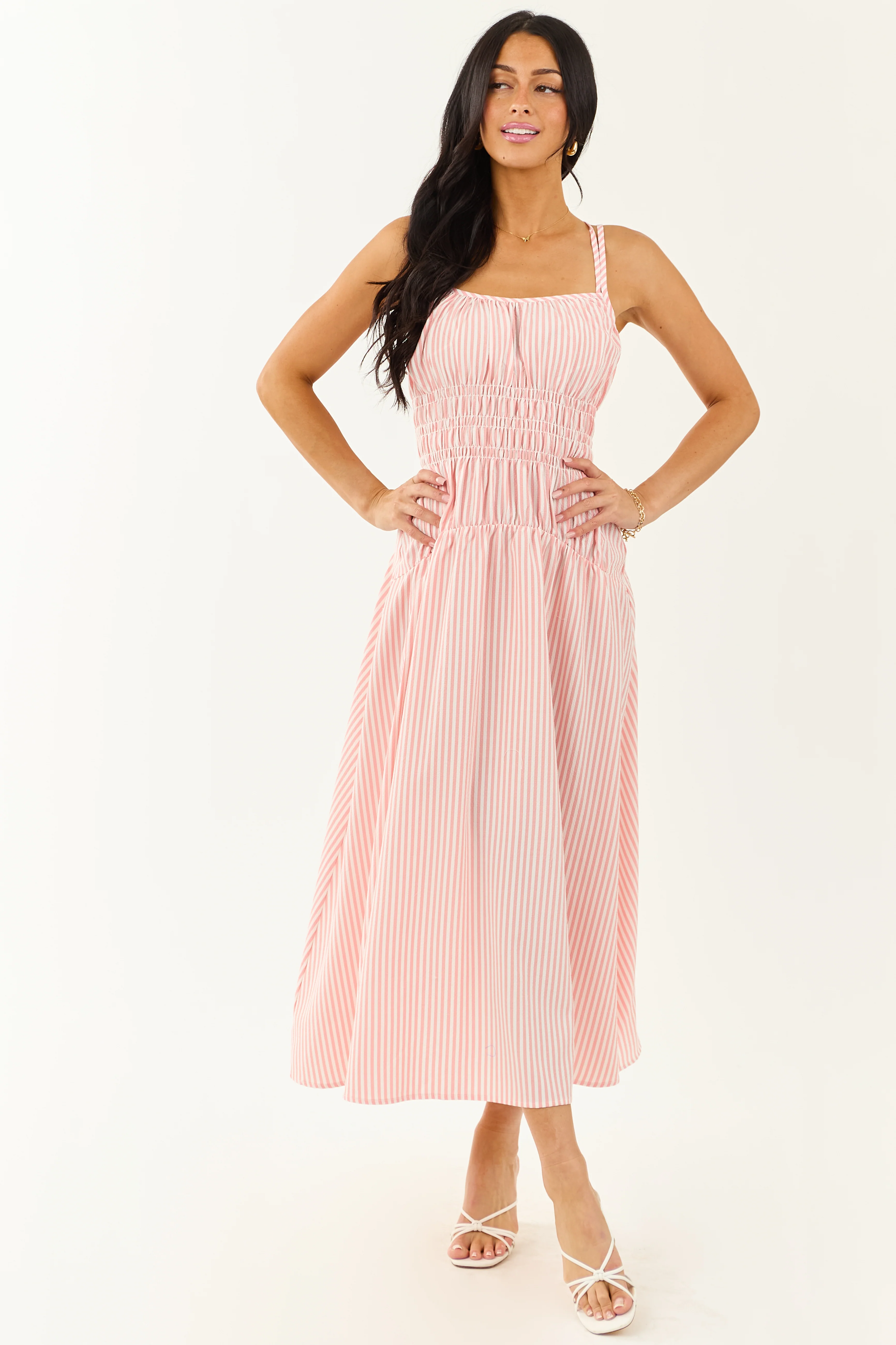 White and Cherry Blossom Striped Sleeveless Maxi Dress - Image 3