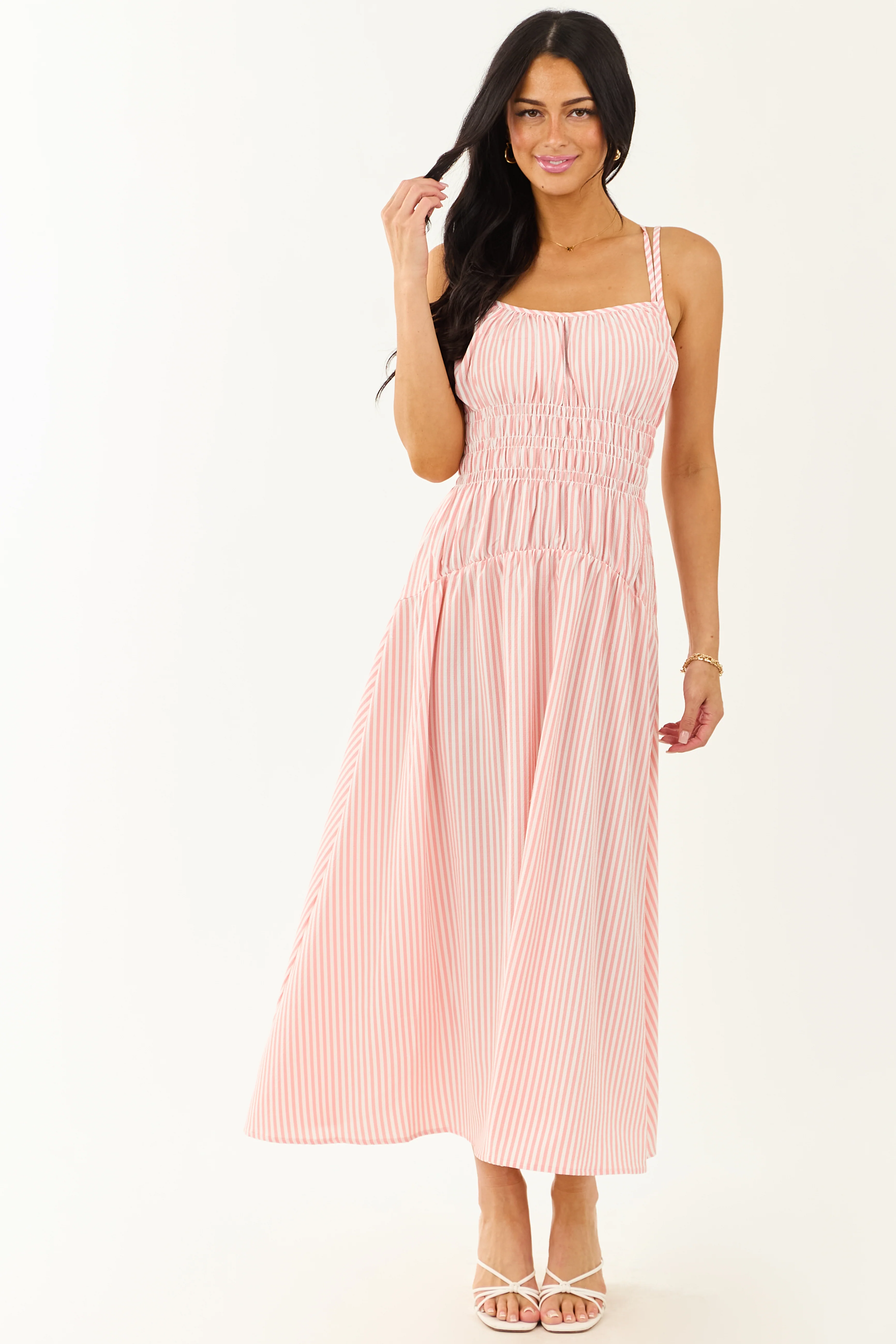 White and Cherry Blossom Striped Sleeveless Maxi Dress - Image 4