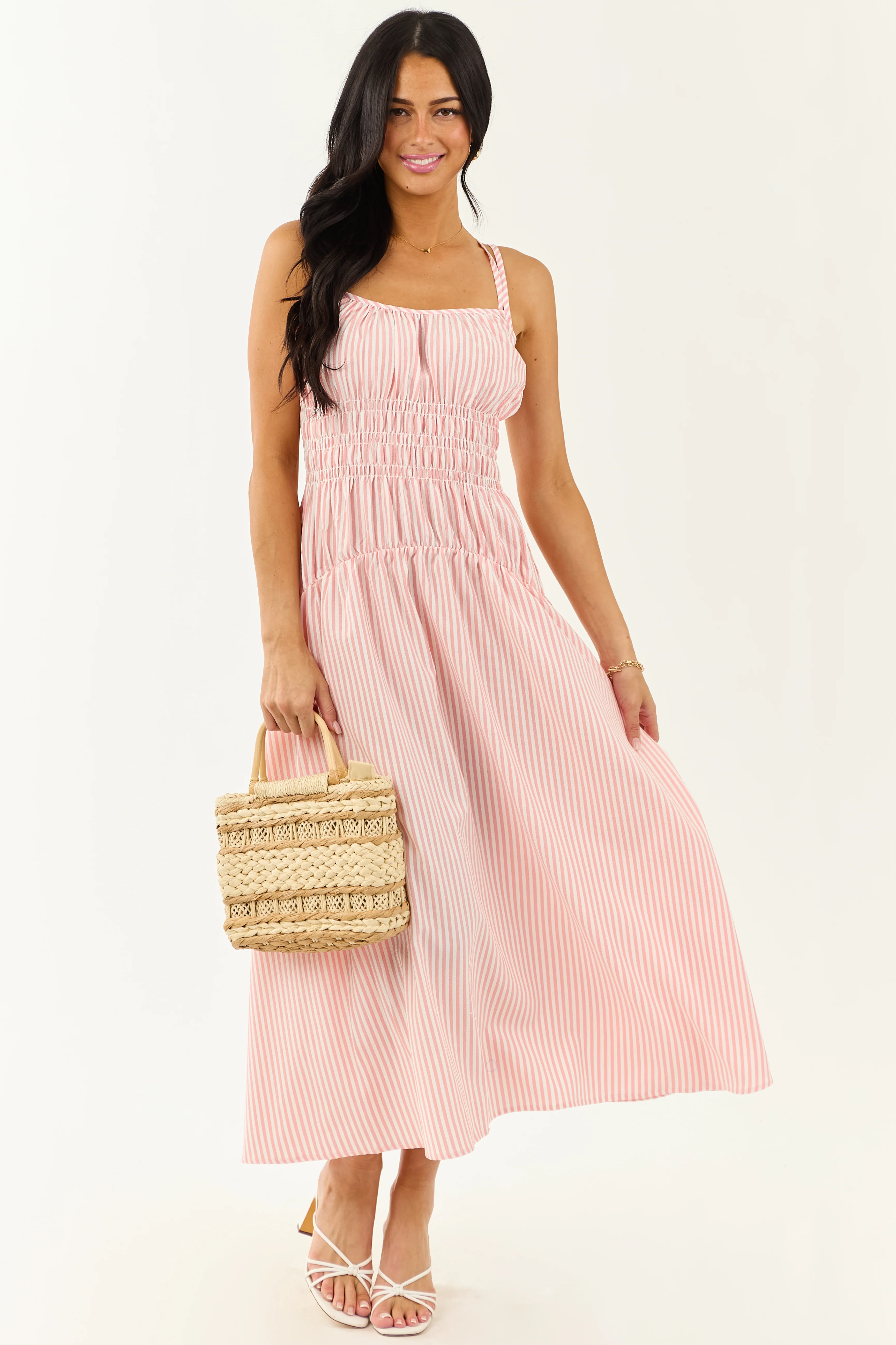 White and Cherry Blossom Striped Sleeveless Maxi Dress - Image 5
