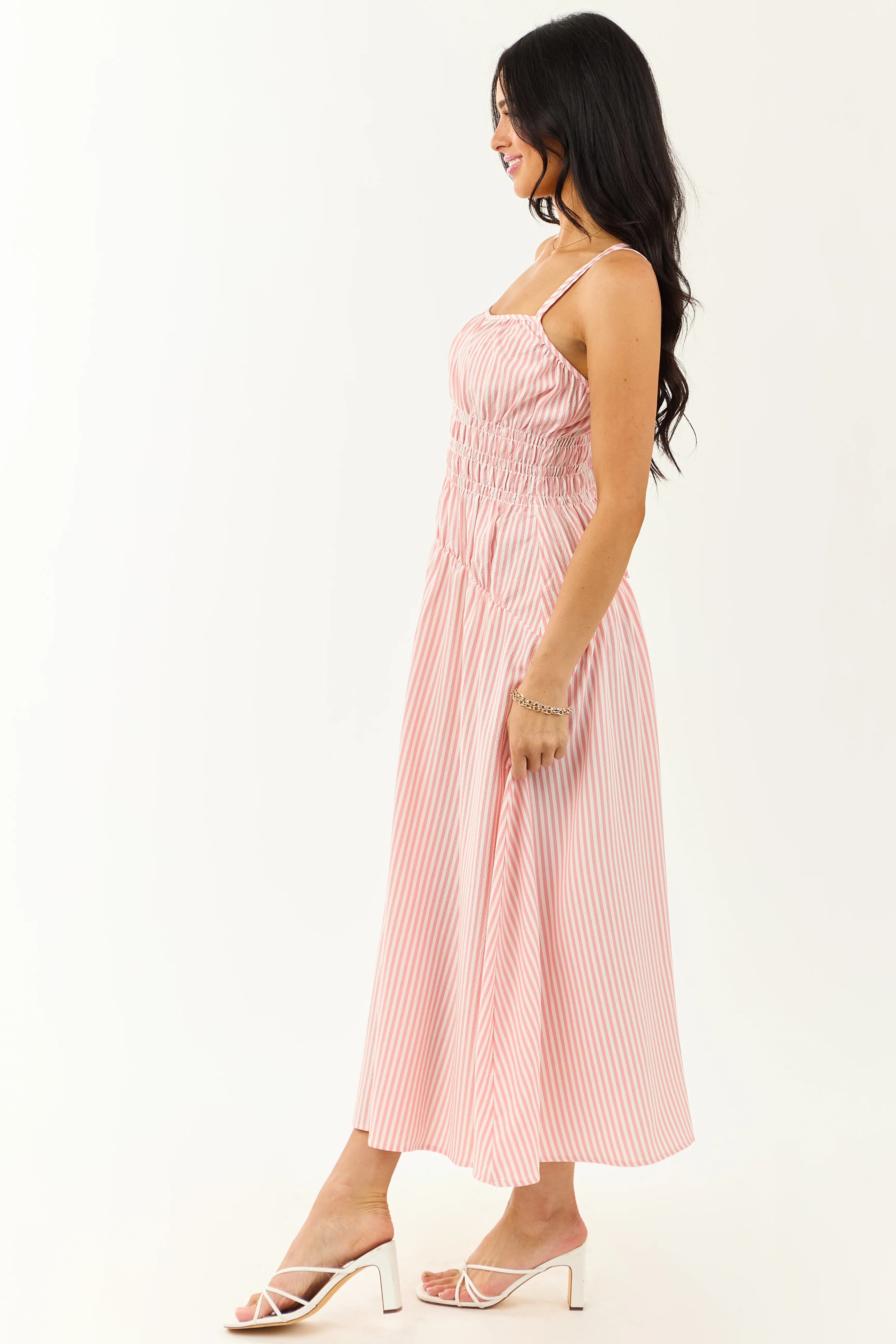 White and Cherry Blossom Striped Sleeveless Maxi Dress - Image 6