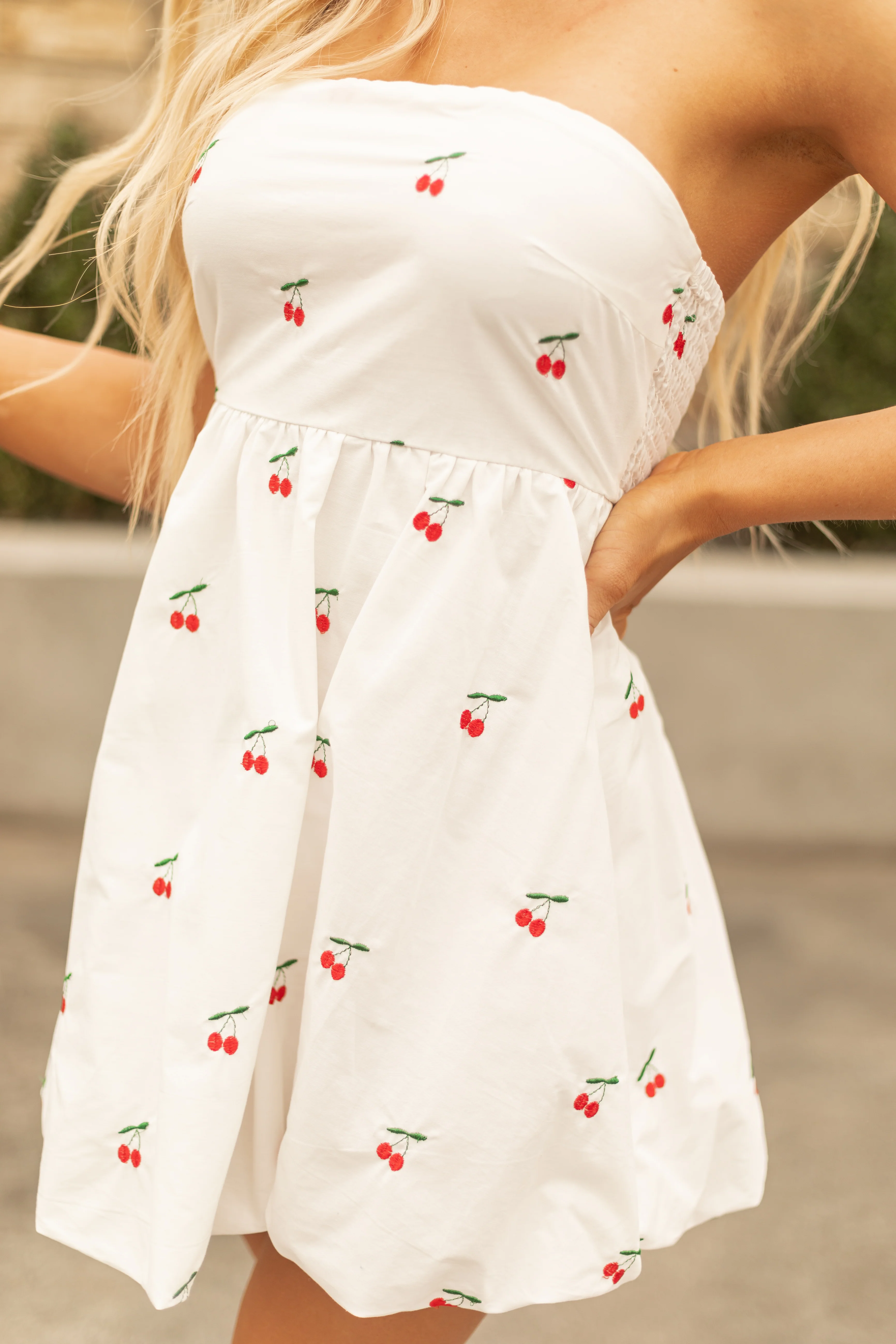 White Cherry Pattern Strapless Bubble Hem Mini Dress - Image 3