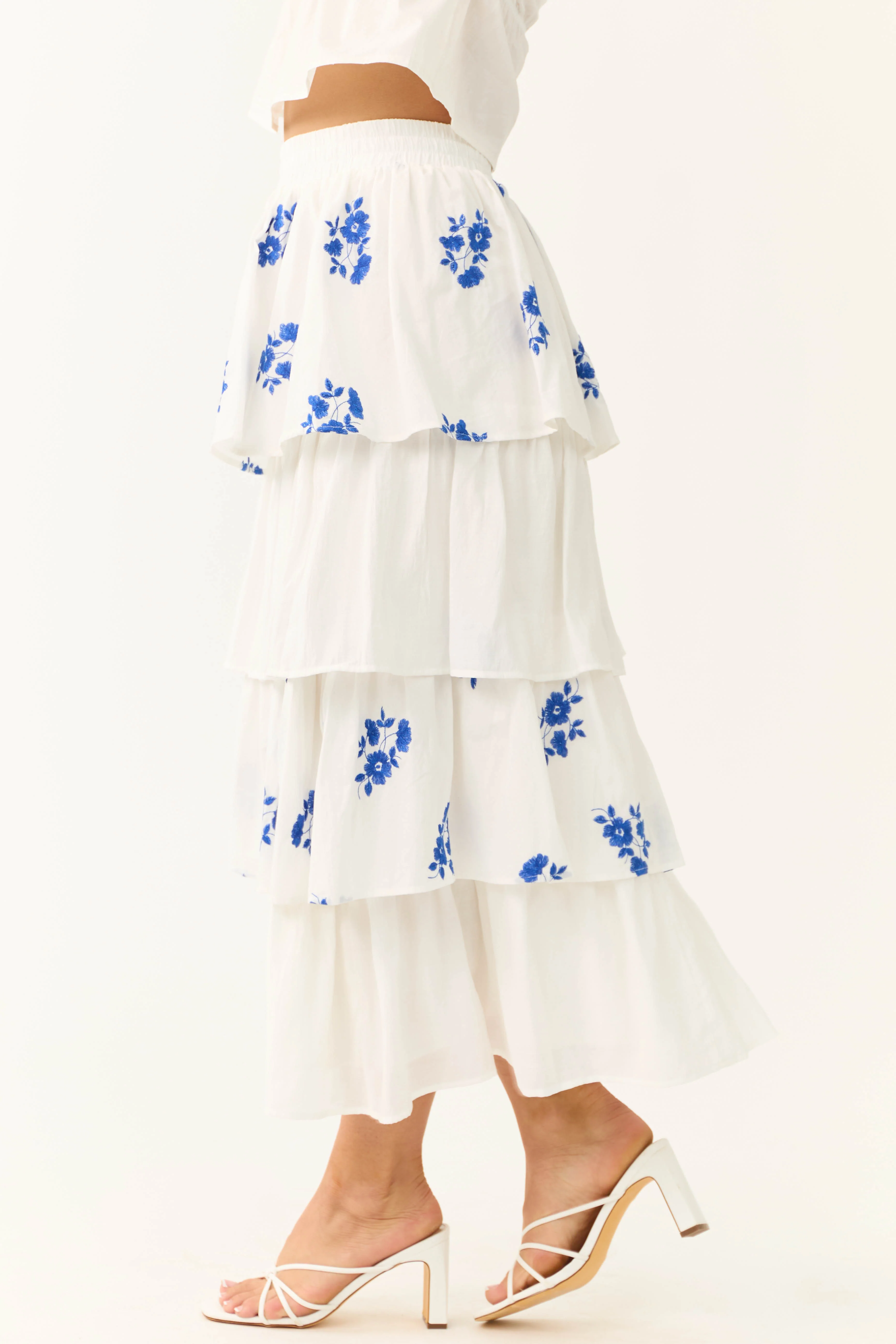 White and Cobalt Floral Embroidered Skirt - Image 3