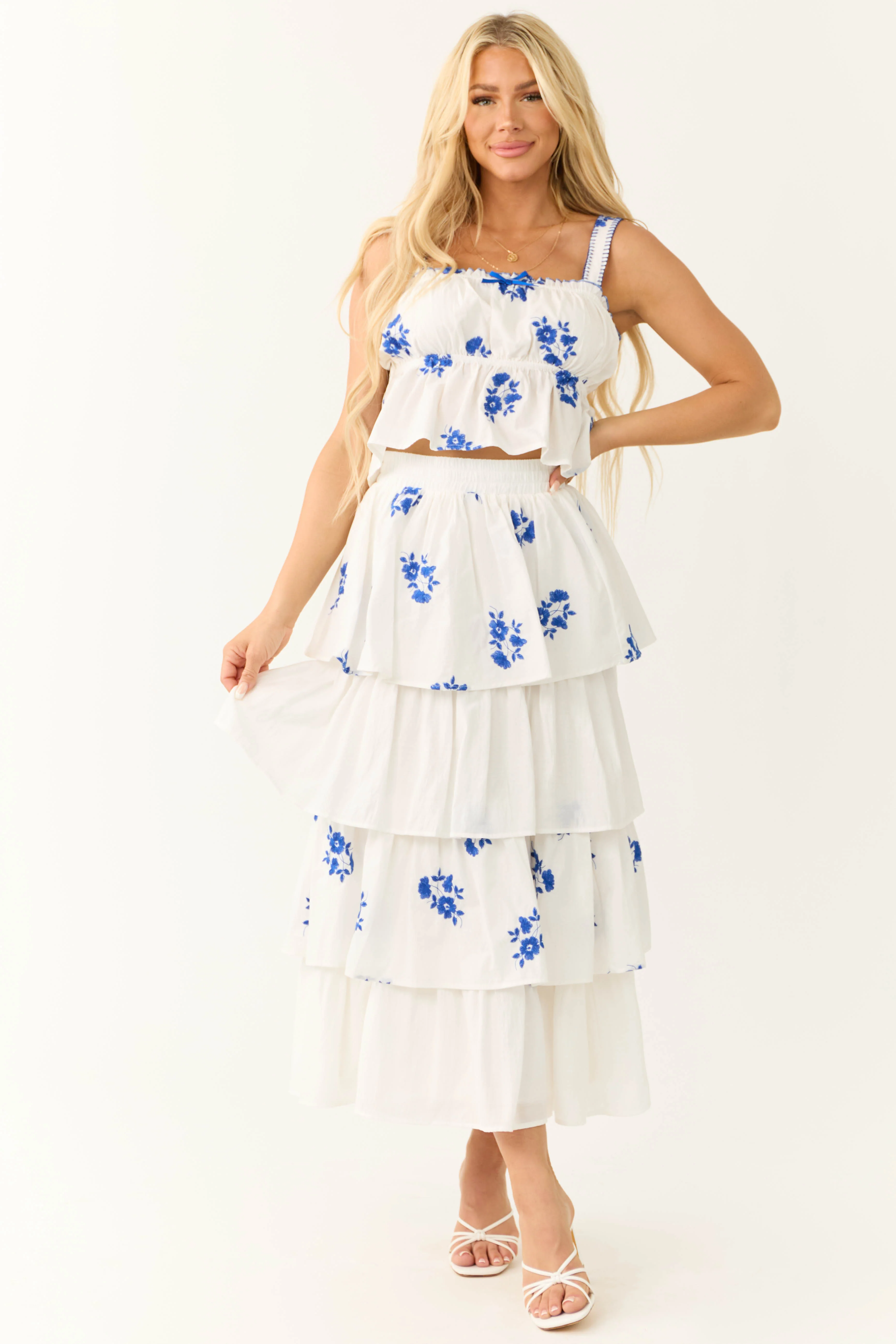 White and Cobalt Floral Embroidered Tank Top - Image 4