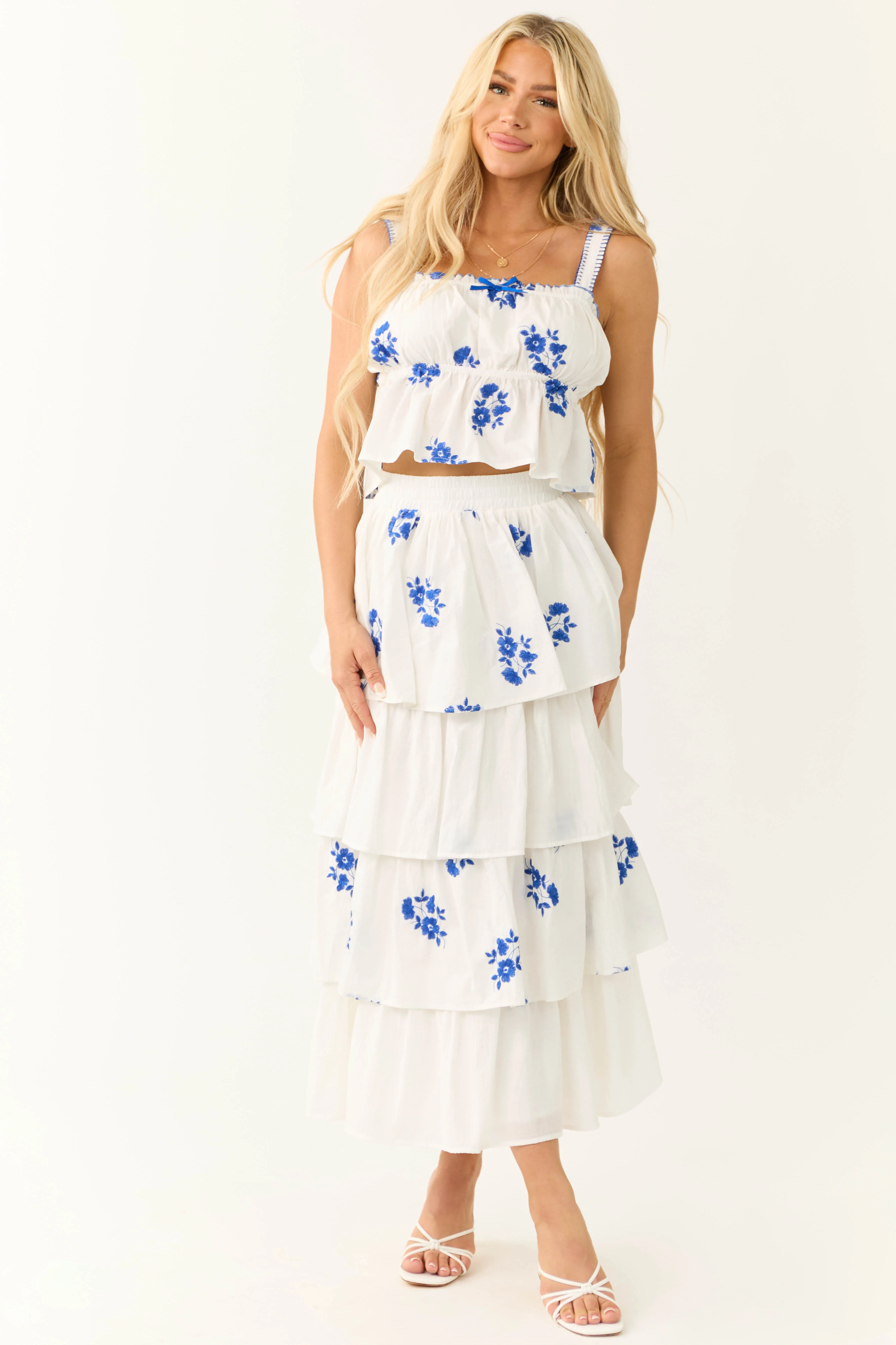 White and Cobalt Floral Embroidered Tank Top - Image 5