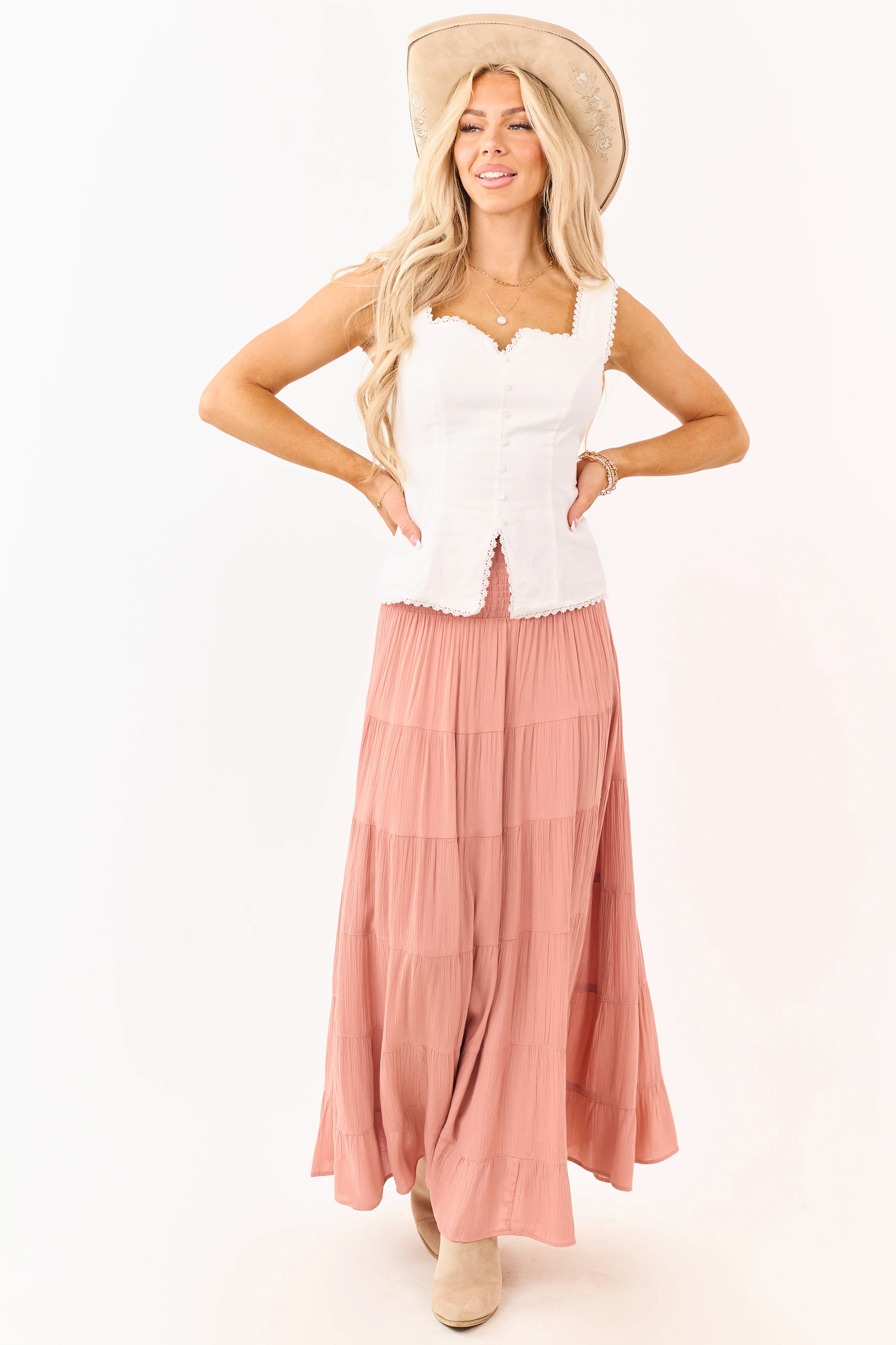 White Cotton Lace Trim Faux Button Down Tank Top - Image 3