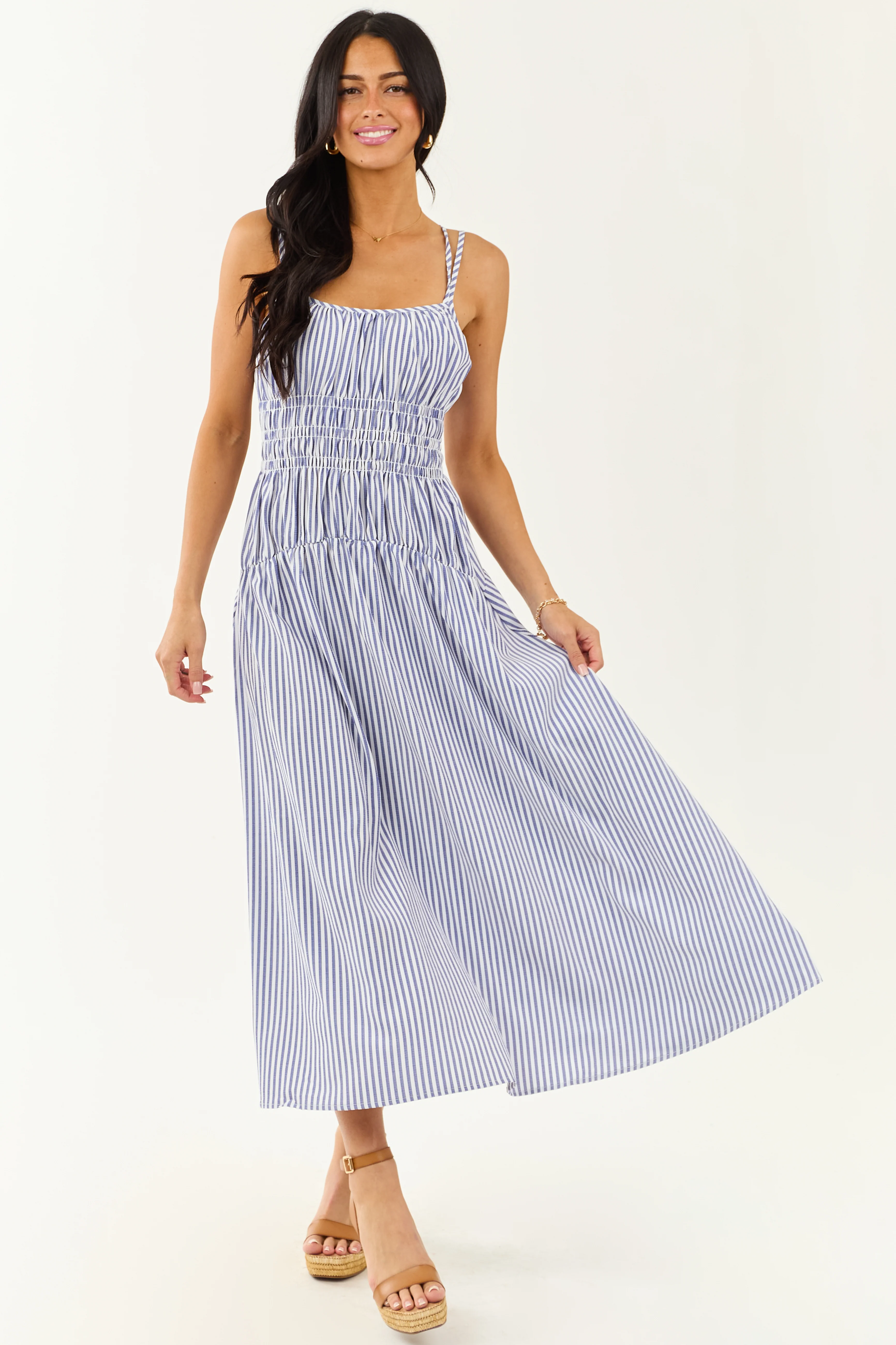 White and Dusty Blue Striped Sleeveless Maxi Dress - Image 3