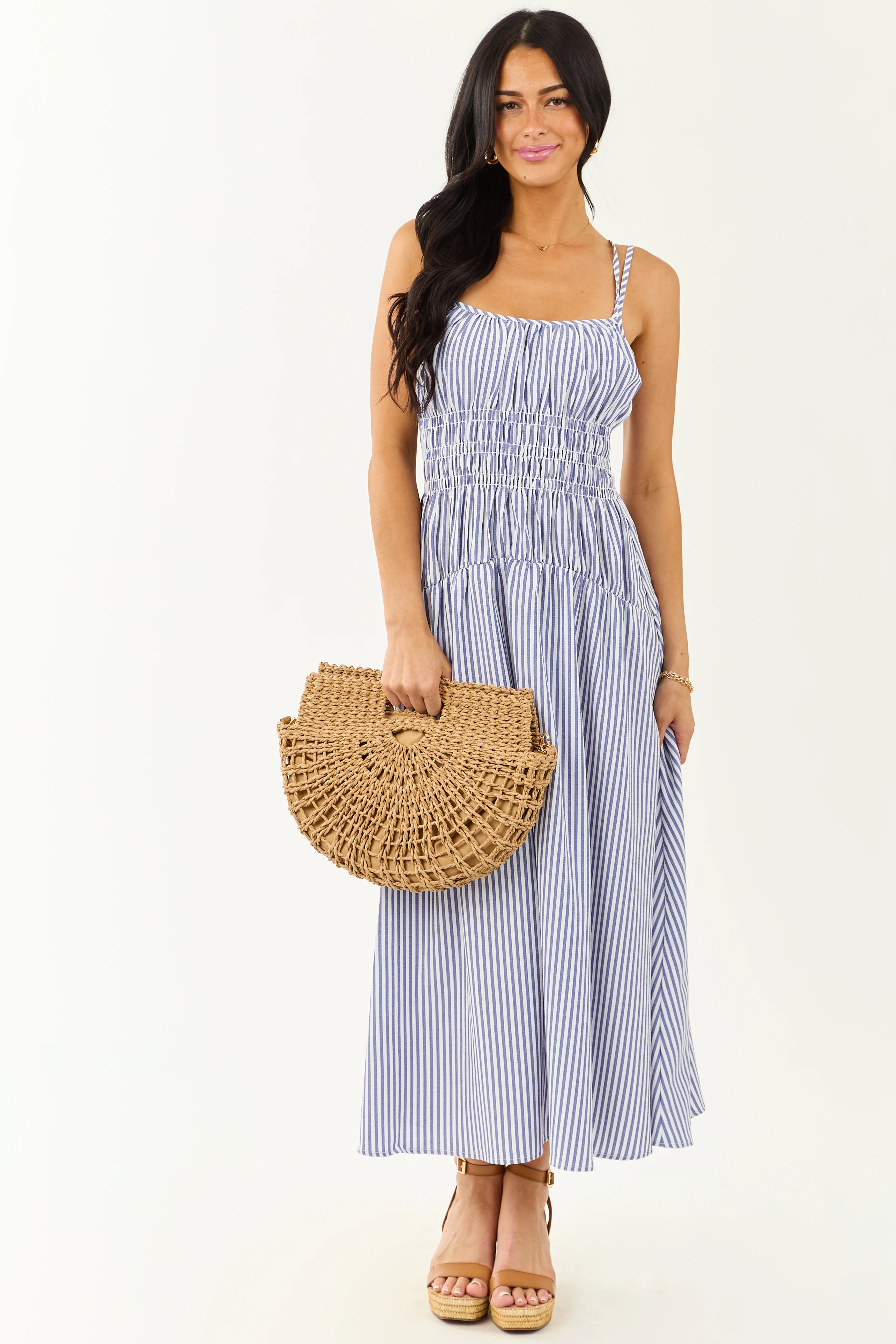 White and Dusty Blue Striped Sleeveless Maxi Dress - Image 4