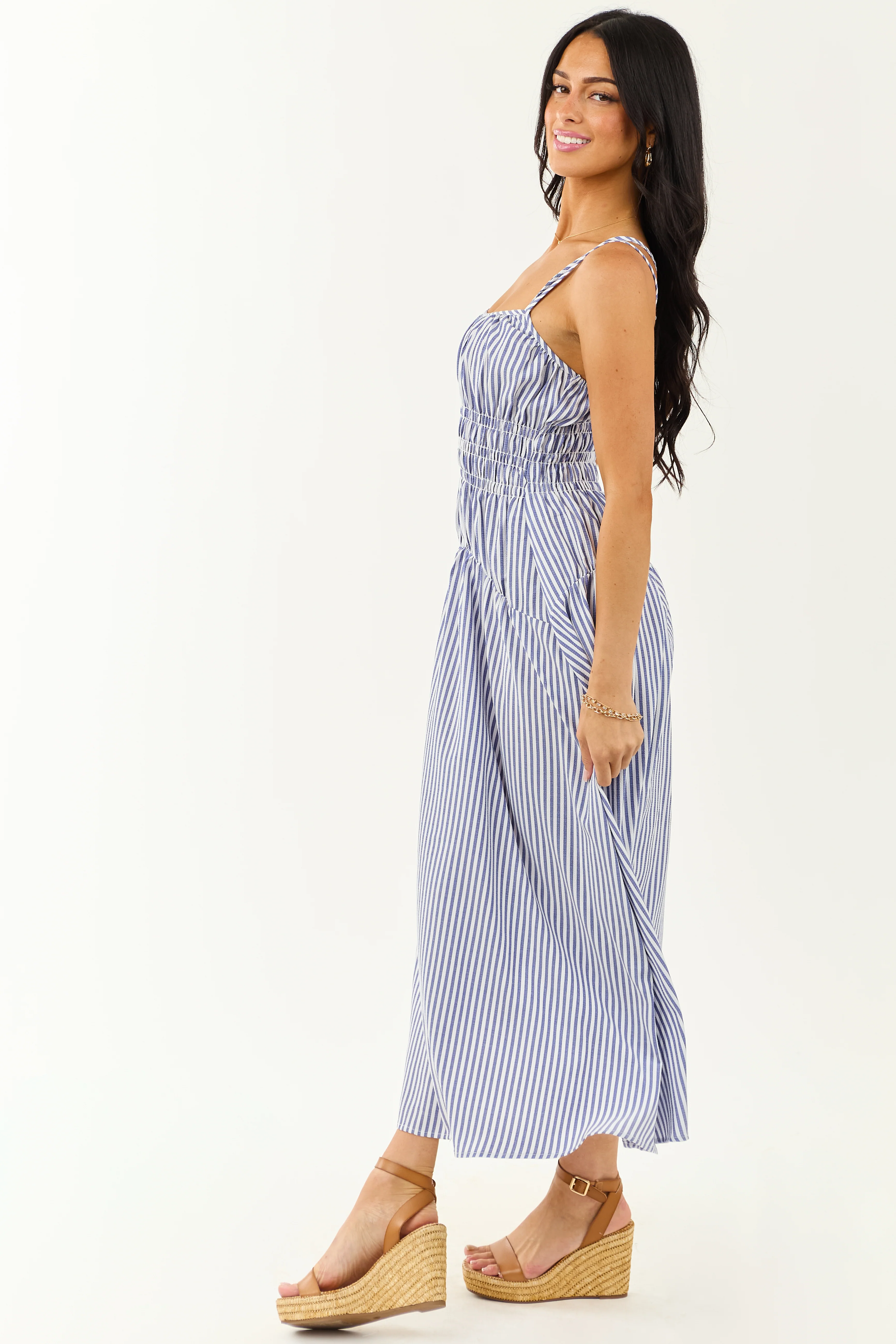 White and Dusty Blue Striped Sleeveless Maxi Dress - Image 5