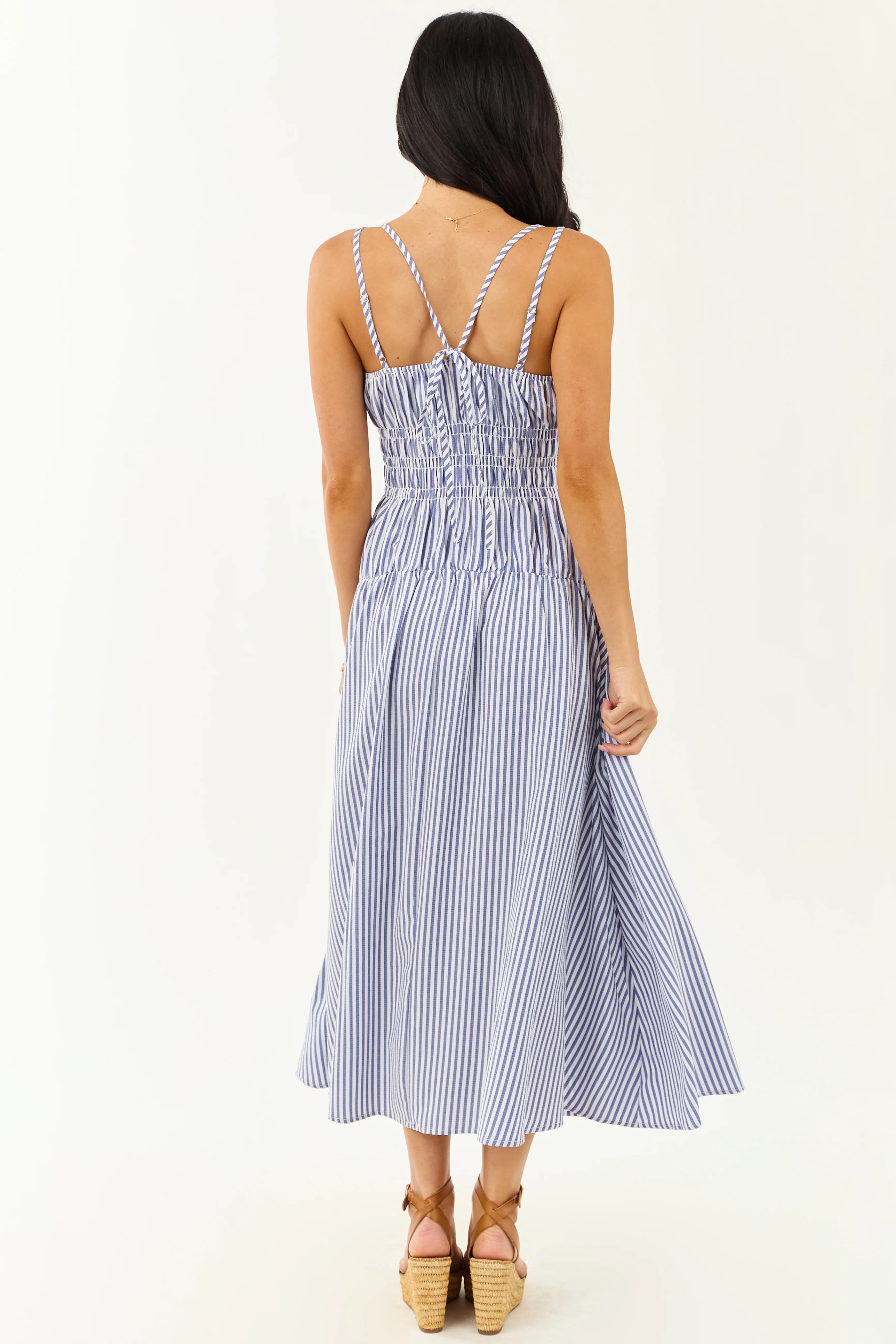 White and Dusty Blue Striped Sleeveless Maxi Dress - Image 6